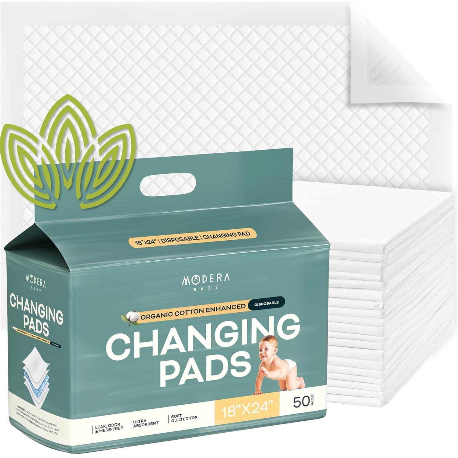 Organic Cotton Enhanced Disposable Changing Pad Liners | Large 18×24 Hypoallergenic Ultra Absorbent Waterproof Super Soft Quilted Underpads for Baby Diaper Table/Travel, Leak Proof, Mess Free 50-Pack