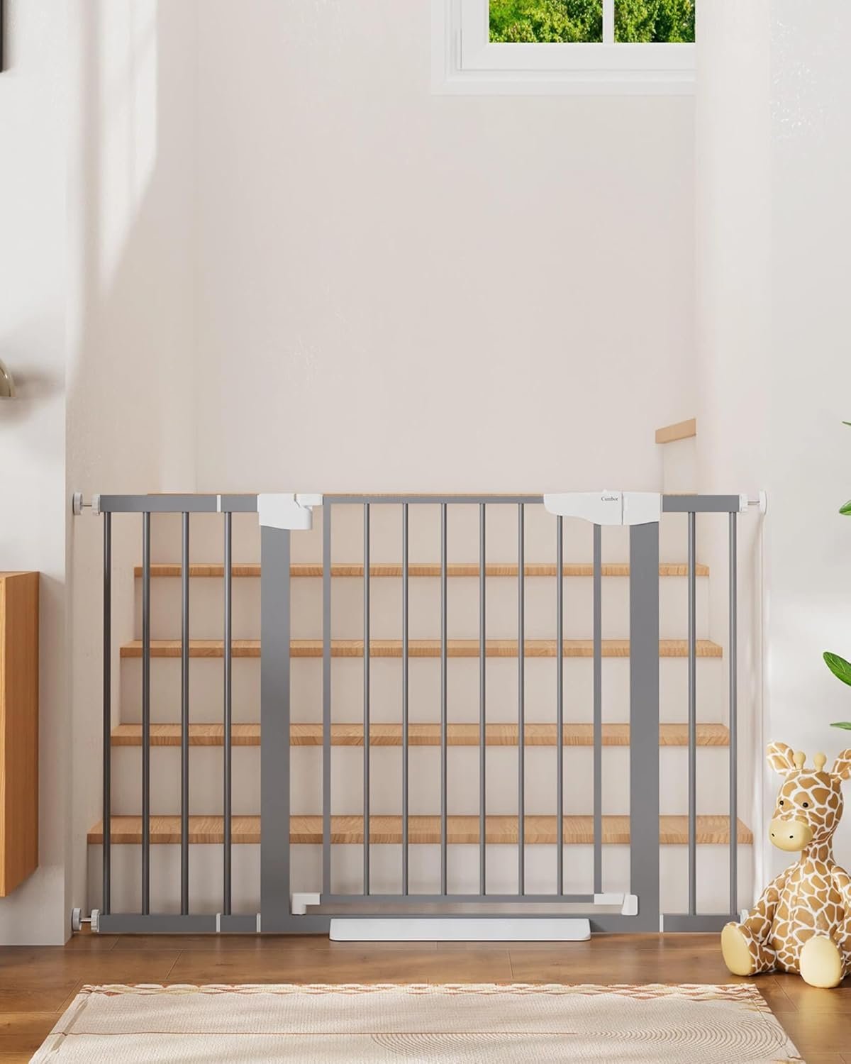 Cumbor 29.7-48″ Baby Gate for Stairs, Mom’s Choice Awards Winner-Dog Gates for Doorways, Auto Close Safety Pet Gate for Dogs Indoor, Easy Install Pressure Mounted Child Gate with Walk Thru Door, Gray