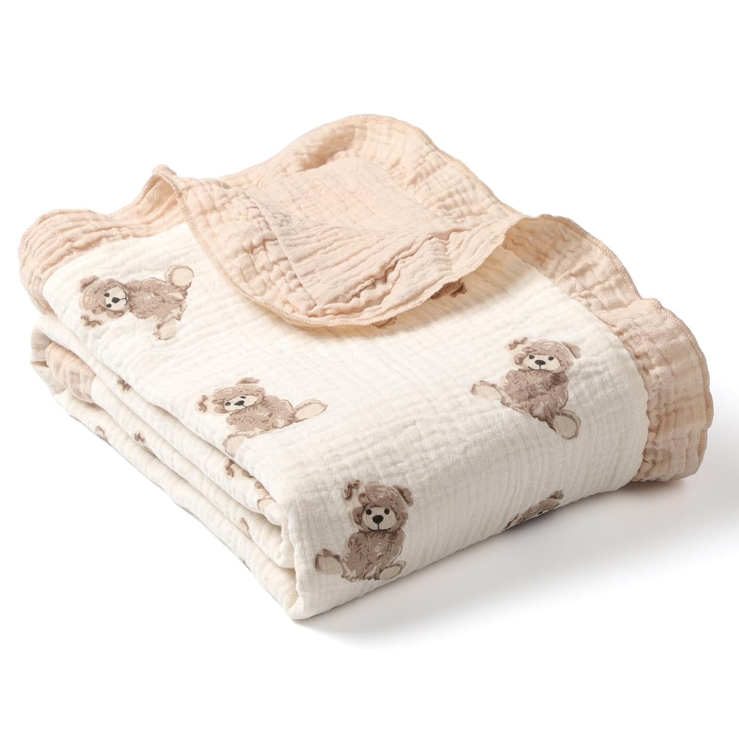 Organic Baby Blanket Flounce Edge Large 50″x43″ Teddy Bear, 100% Muslin Cotton Soft Breathable Toddler Quilt Crib Blankets Gender Neutral for Baby Boys and Girls Bassinet, Bed, Stroller & Snuggling