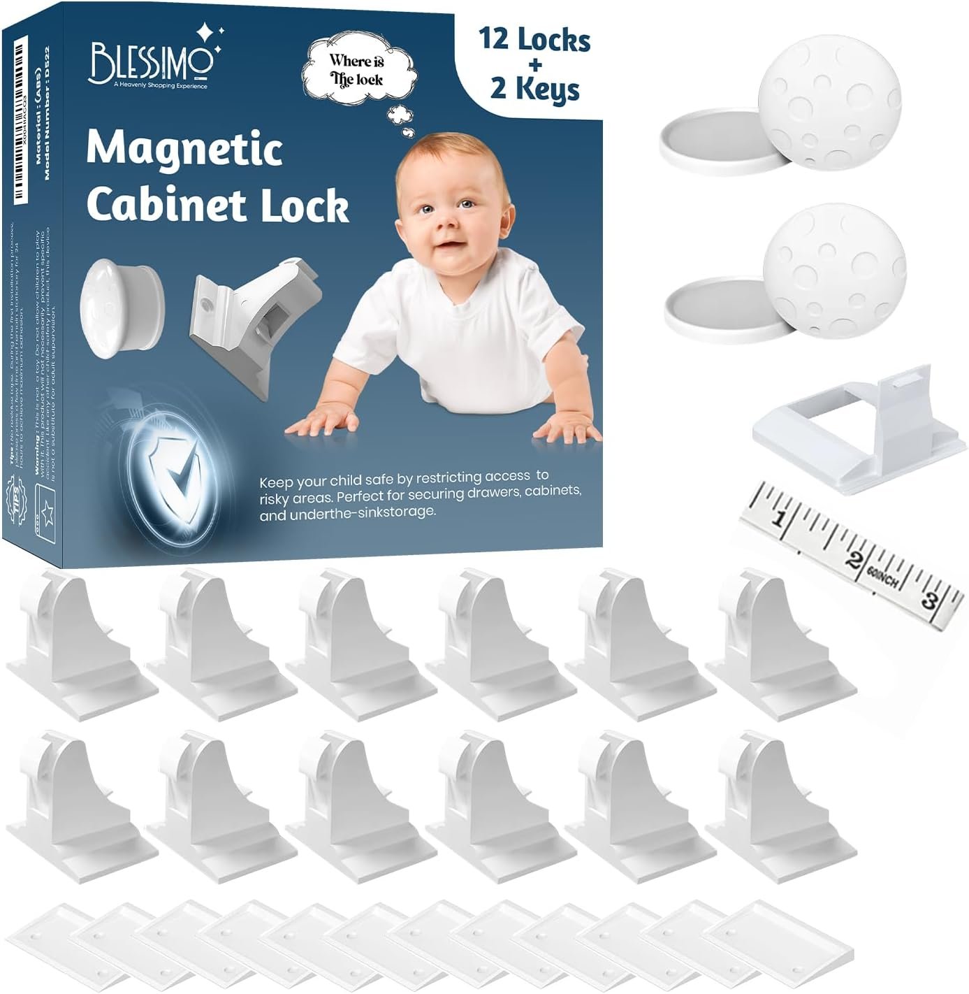 Blessimo® 12 Pack Magnetic Cabinet Locks Baby Proofing with 12 locks and 2 Keys – Child Locks For Kitchen, Cabinets and Drawers – 3M Adhesive Easy Installation