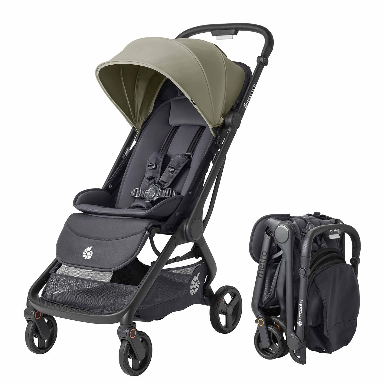 Ergobaby Metro 3 Baby Stroller for Newborns, Infants, and Toddlers – Travel Stroller with One-Hand Fold, Near-Flat Recline, Adjustable Handlebar – Soft Olive