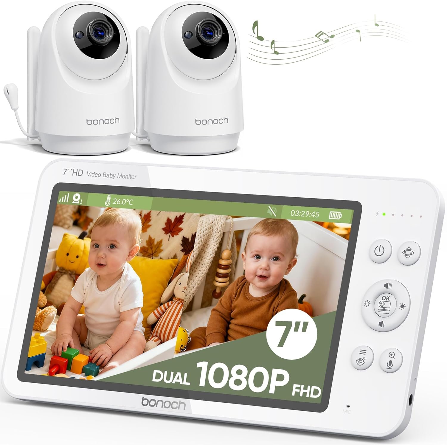 bonoch V2.0 1080P Baby Monitor with 2 Cameras, 7″ MegaView Split Screen Baby Monitor No WiFi, 2026 Upgraded Sleep/Crying/Motion Detection, Dual Video Monitor with Camera and Audio, White Noise