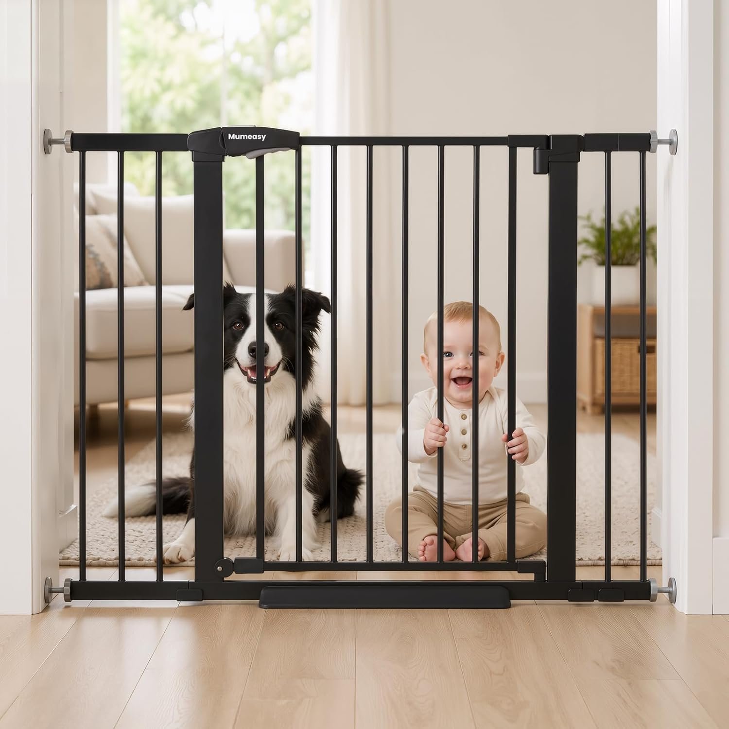 Mumeasy 29.7-46″ Baby Gate for Stairs, Pressure Mounted Dog Gate for Doorways, Auto Close Walk Through Pet Gate Indoor, Extra Wide Metal Child Safety Gate, Mom’s Choice Awards Winner, Black