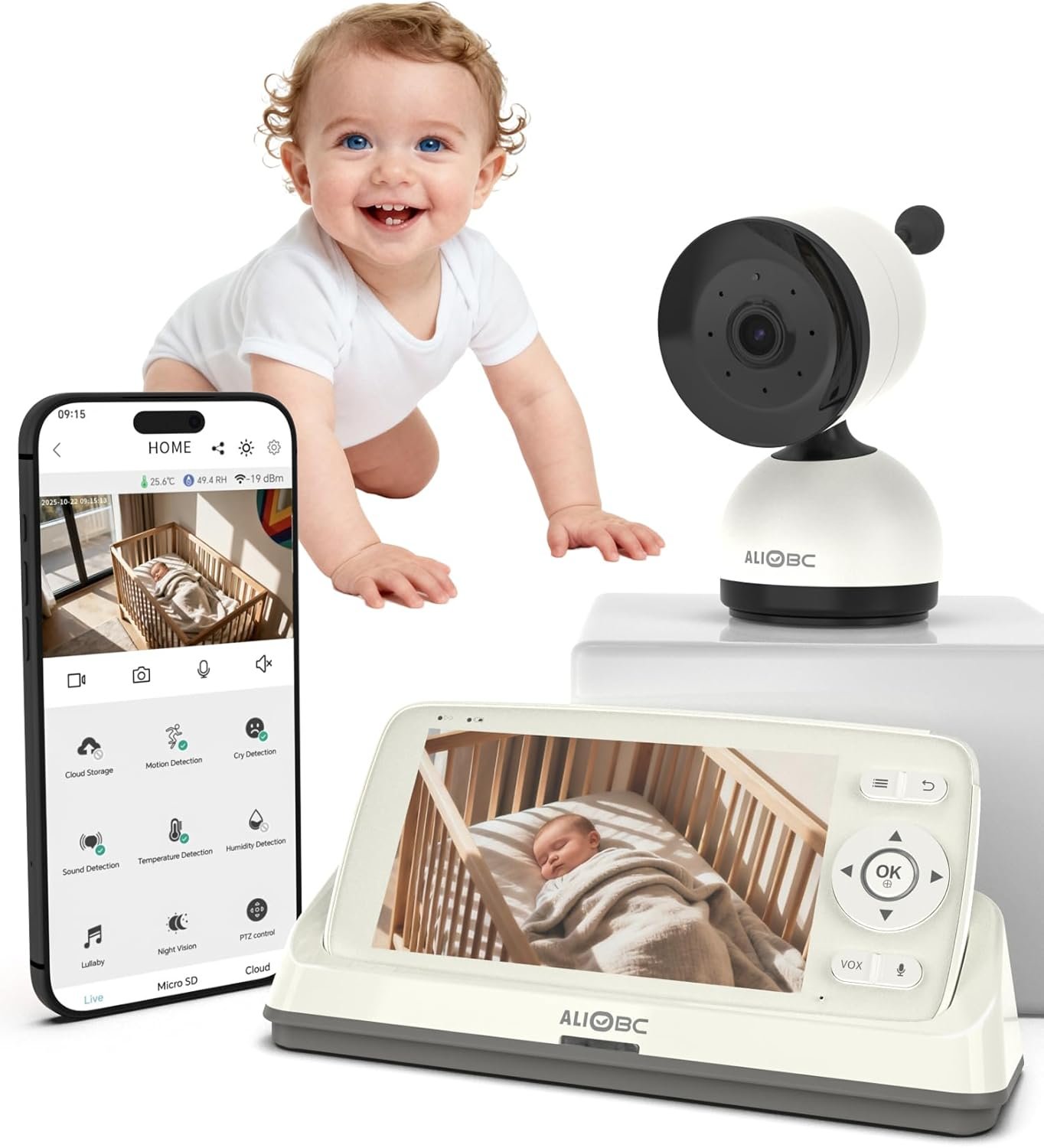 ALIOBC Baby Monitor with Camera and Audio WiFi & No-WiFi Modes AI Smart Baby Camera Cry Detection Night Vision 1080p FHD Camera and 5″ Large Screen Two-Way Talk 1000ft Range Easy Setup for New Parents