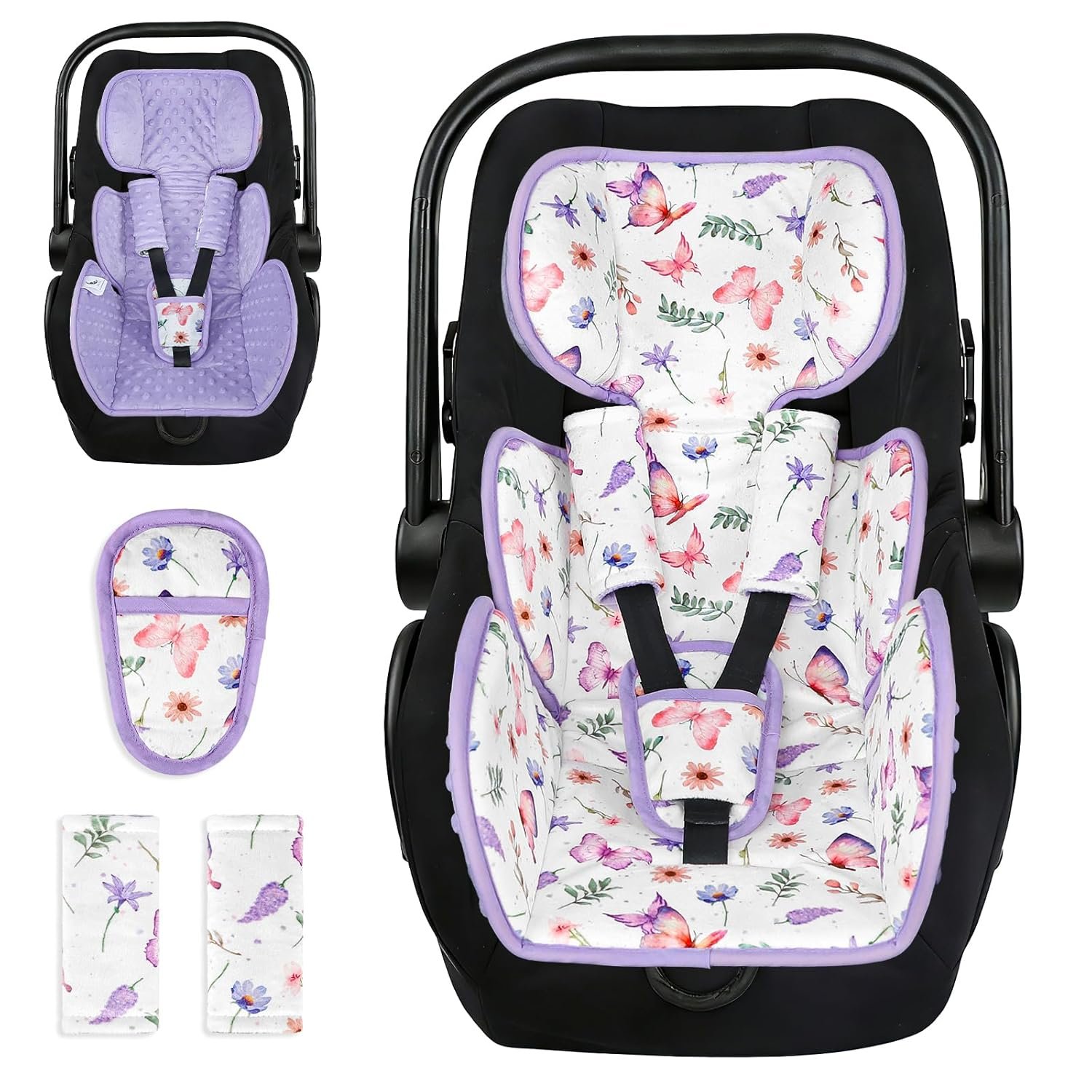 Infant Car Seat Insert with 3 Straps Covers, Ultra-Thick Baby Car Seat Head Support for Side Impact Protection, Minky Dot Baby Car Seat Cushion, Universal Purple Carseat Head Support for Newborn