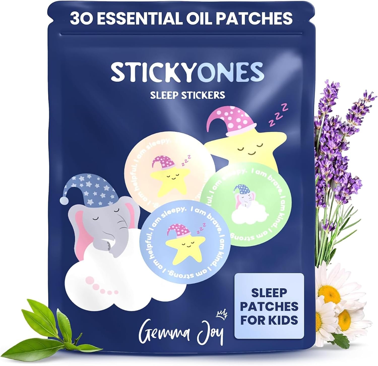 Gemma Joy Sleep Bundle – Cry Activated Heartbeat Elephant Soother and StickyOnes Kids Sleep Patches 30 Count, Melatonin-Free Aromatherapy Stickers – Newborn Baby Gift Set