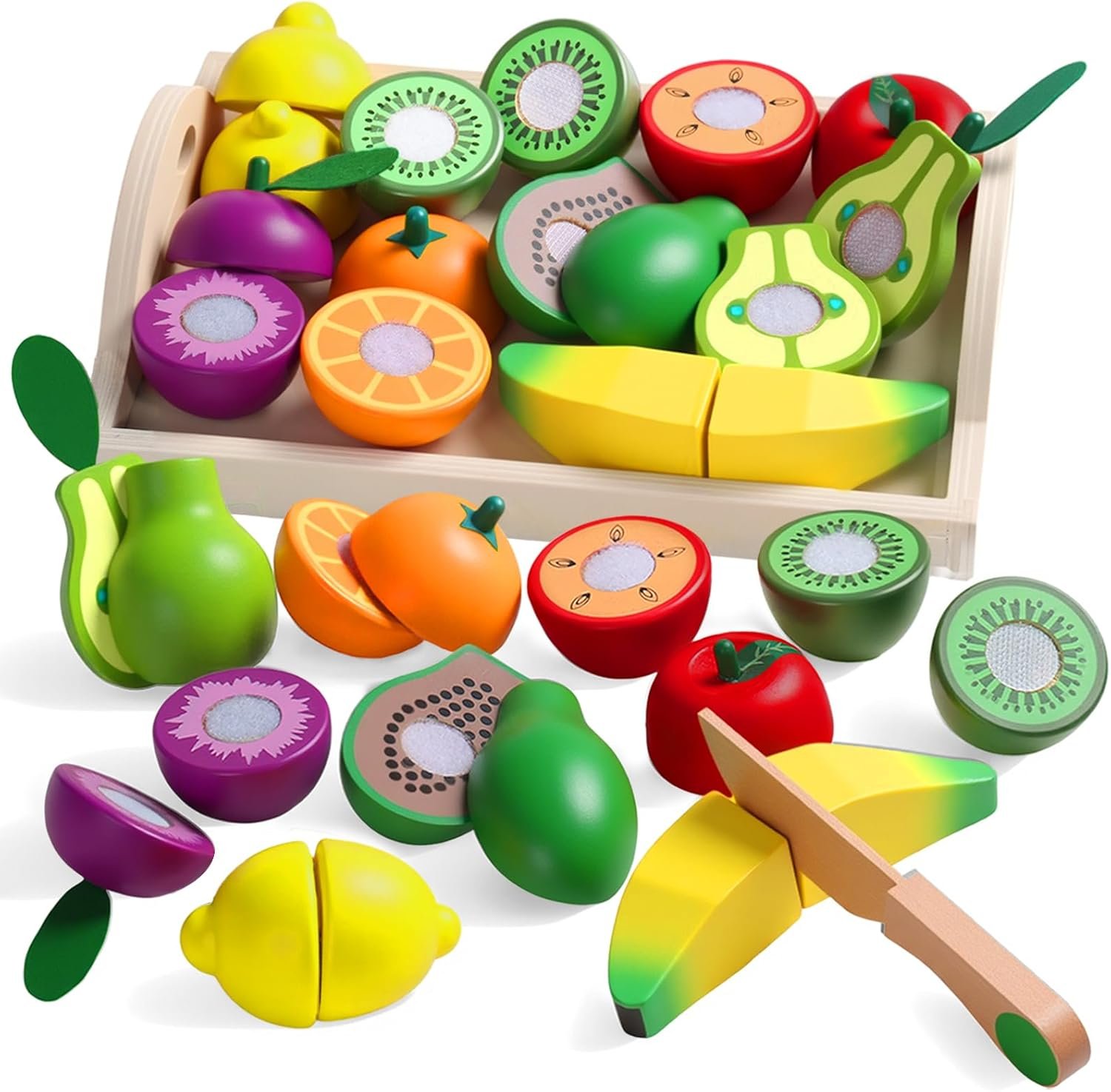 Fajiabao Wooden Play Food for Kids Kitchen – Montessori Toys for 2 Year Old Girls & Boys Wood Cutting Fruit Set with Tray Fine Motor Skills Educational Birthday Gift for Toddlers 2 3 4 5 6