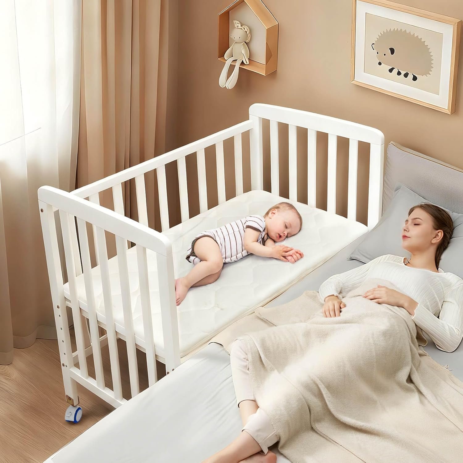Flwrgirl Baby Bassinets Bedside Sleeper – Portable Pine Wood Bedside Bassinet,6 Heights Small Mini Crib with Mattress,Space-Saving Design Baby Crib for Newborns 0-12 Months,White