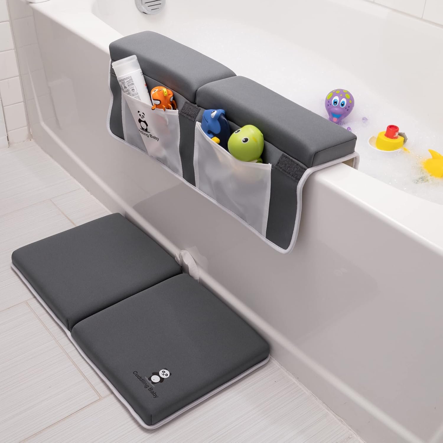 Bath Kneeler and Elbow Rest Pad Set – 2PC Premium Baby Bath Mat Set – Non-Slip Kneeling Pad with Storage Pockets – Machine Washable, Durable Foam Pad Bundle – Gray
