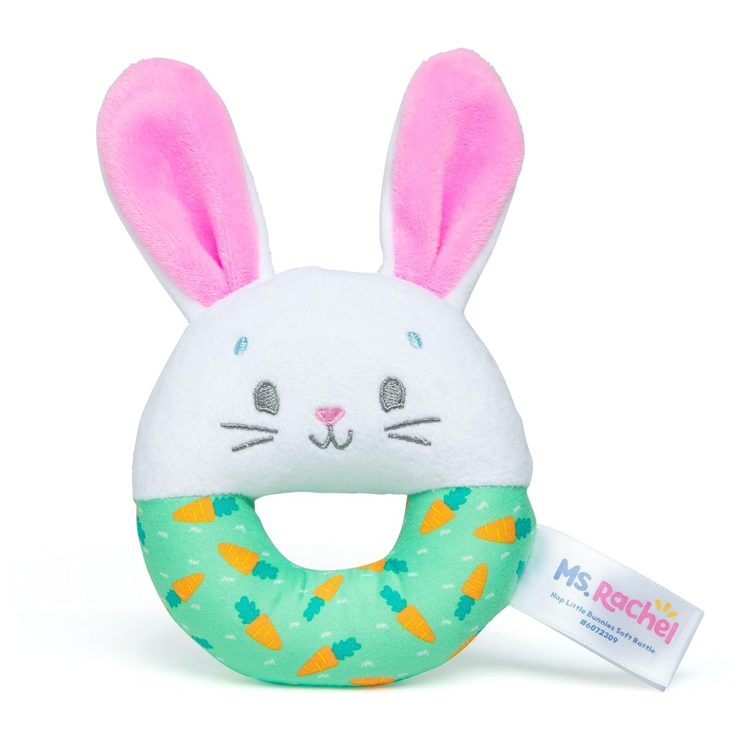 Ms. Rachel Official Hop Little Bunnies Soft Rattle, Baby Teething Toys with Plush Bunny Cover, Toddler Toys for Girls & Boys, Ages 3 Months to 1+