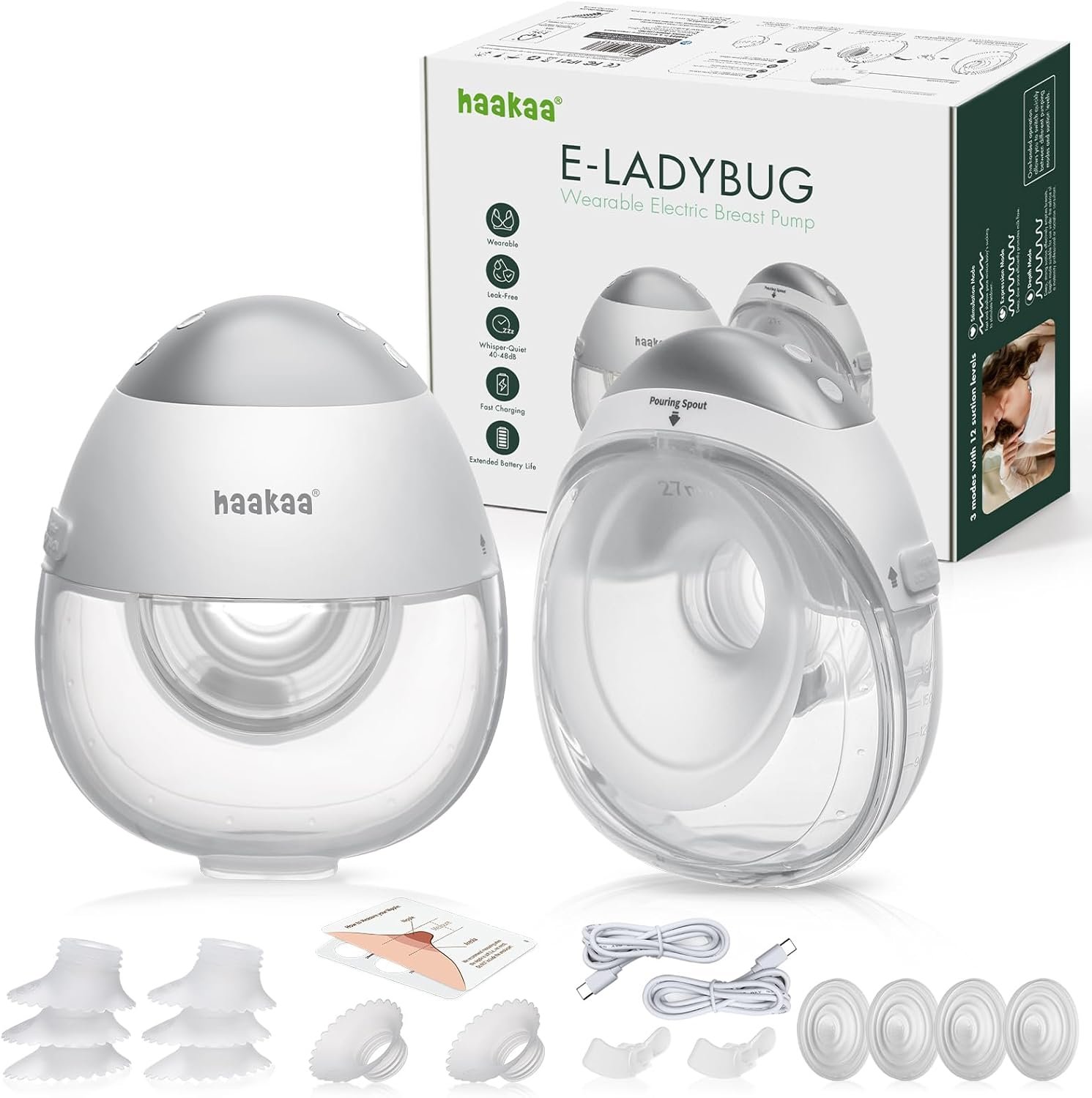 haakaa E-Ladybug Wearable Electric Breast Pump – Ultra-Slim Hands-Free Pump, 3 Modes & 12 Suction Levels, Micro-Vibration Technology, Leakproof 180ml Cup, Quiet in-Bra Design 2-Pack