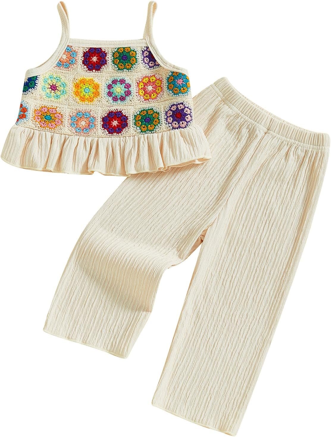 Baby Girl Outfits Crocheted Ruffled Camisole And Elastic Pants Set 6 12 18 24 Months 2 3 4 T