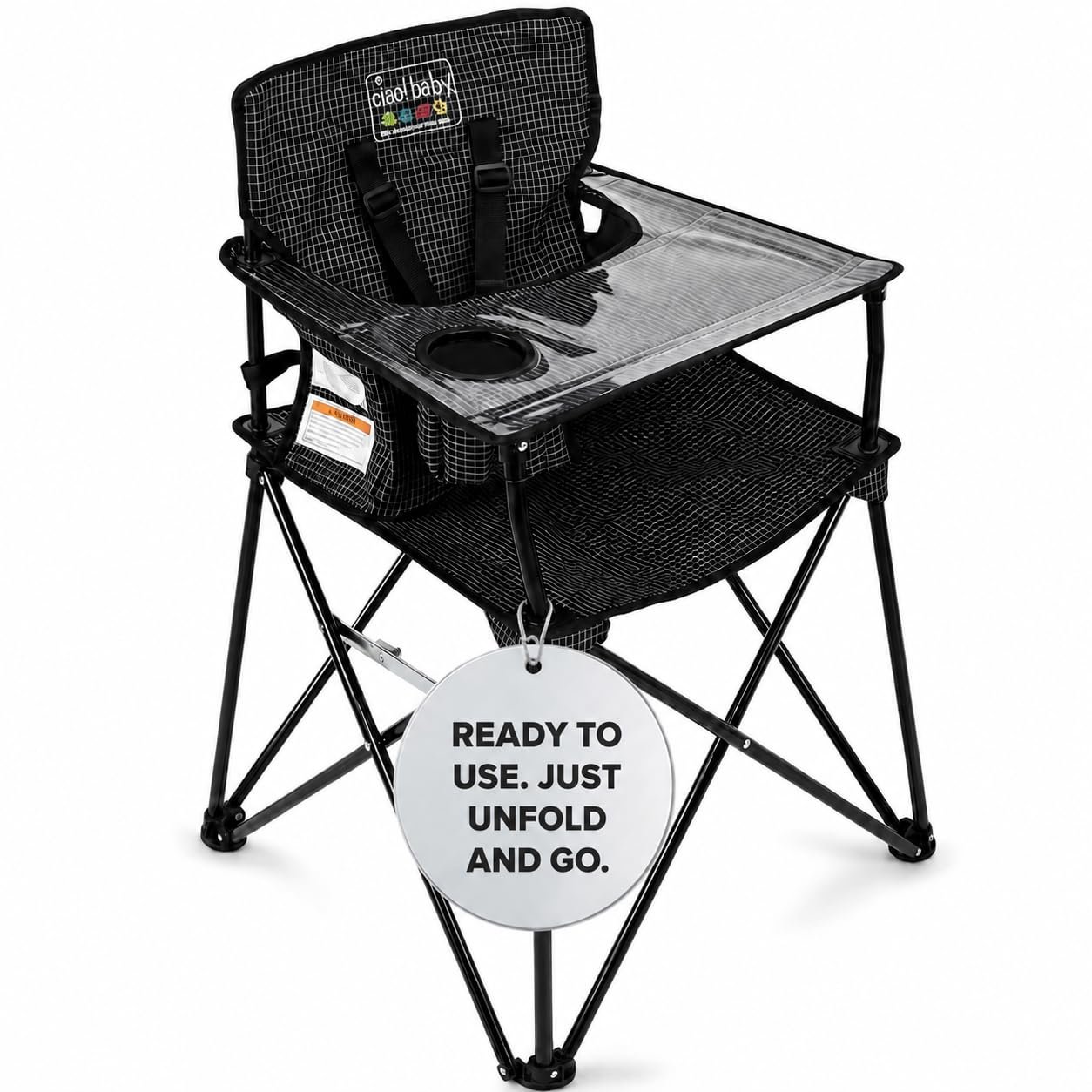 ciao! Baby Portable High Chair, Fold Up Travel Seat with Tray, Designed for Camping and Picnics, Lightweight Design, Ideal for Babies and Toddlers, Black Check