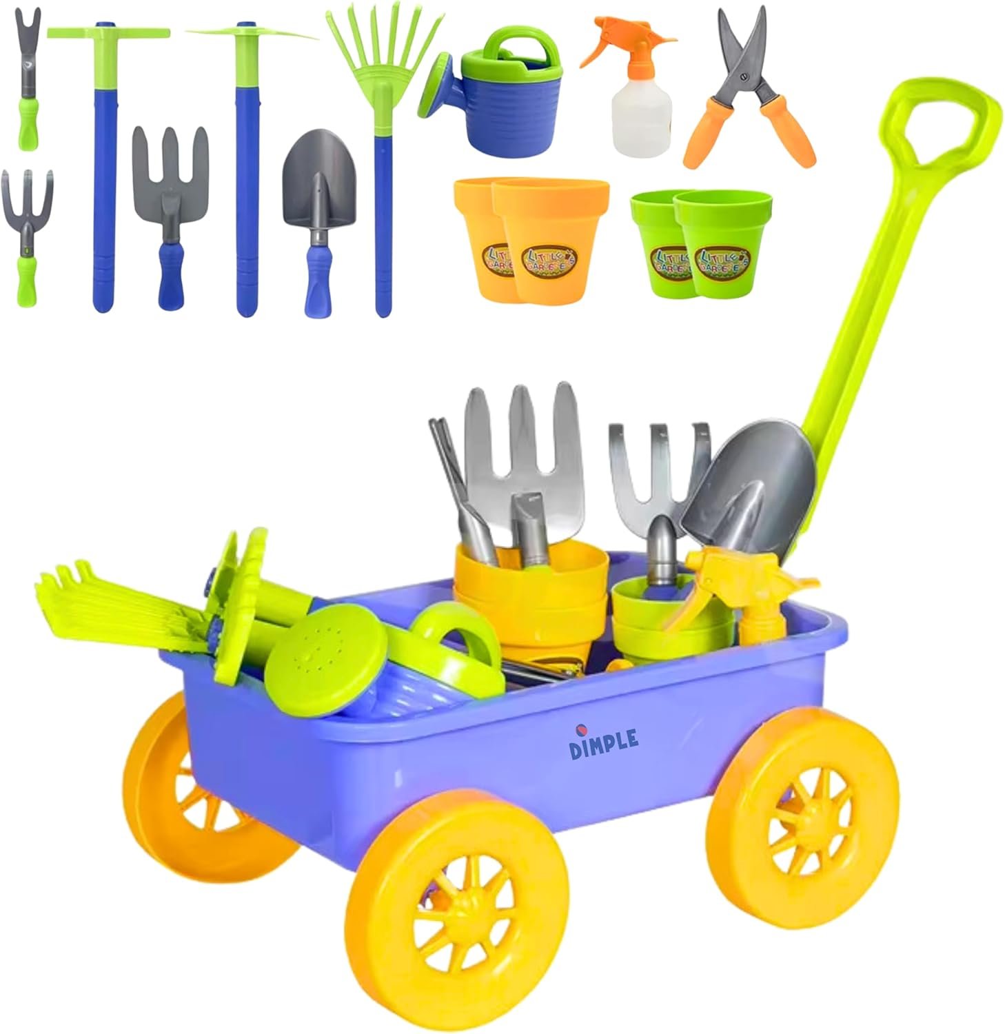 Dimple Garden Wagon & Tools Toy Set, Kids Gardening Set – 15 Pcs Outdoor Toys for Toddlers,Sand Toys – Sturdy & Durable Top Yd, Beach, Sand, Garden Play Set for Kids & Toddler Gardening Tools, Age 3+