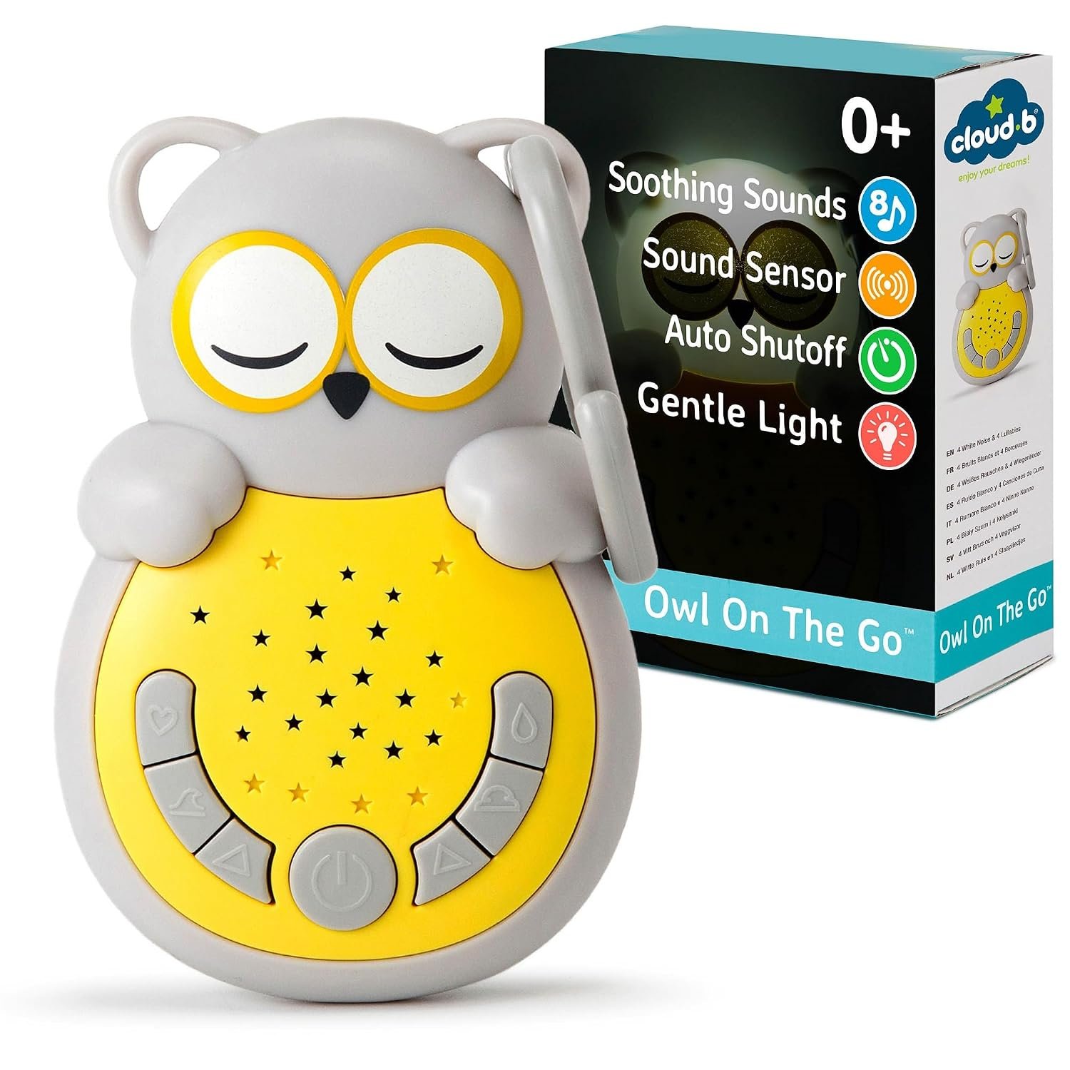 Cloud b Travel Comforting Sound Machine w/Calming Light | 4 White Noise and 4 Lullabies | Re-Activating Smart Sensor | Sweet Dreamz On the Go™ – Owl