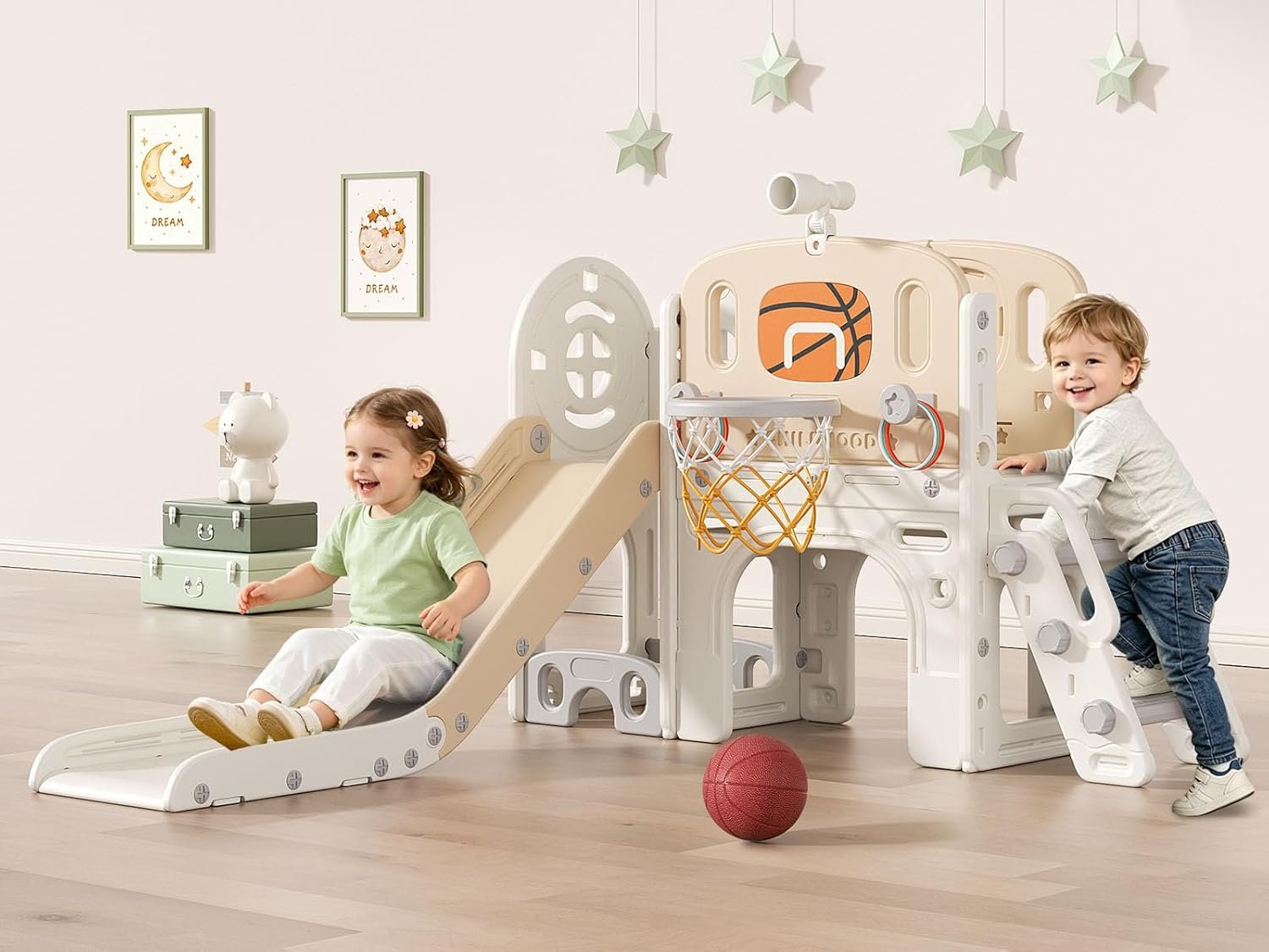 BIERUM 9 in 1 Toddler Slide Set, Baby Slide for Toddlers 1-3 with Ring Toss and Basketball Hoop, Indoor Outdoor Toddler Playset Playground Beige Coffee