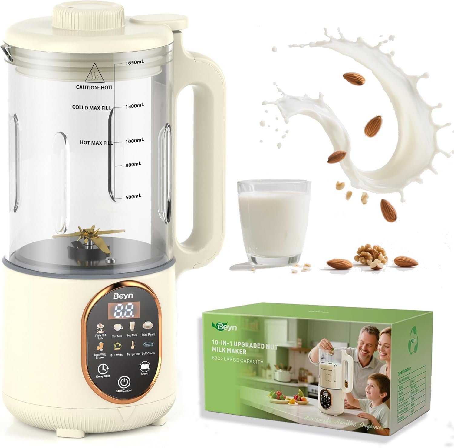 Beyn 10-in-1 60oz Nut Milk Maker Machine, Automatic Self-Cleaning Soy Almond Oat Milk Blender, Large Capacity Plant-Based Milk Maker with Delay Start & Keep Warm