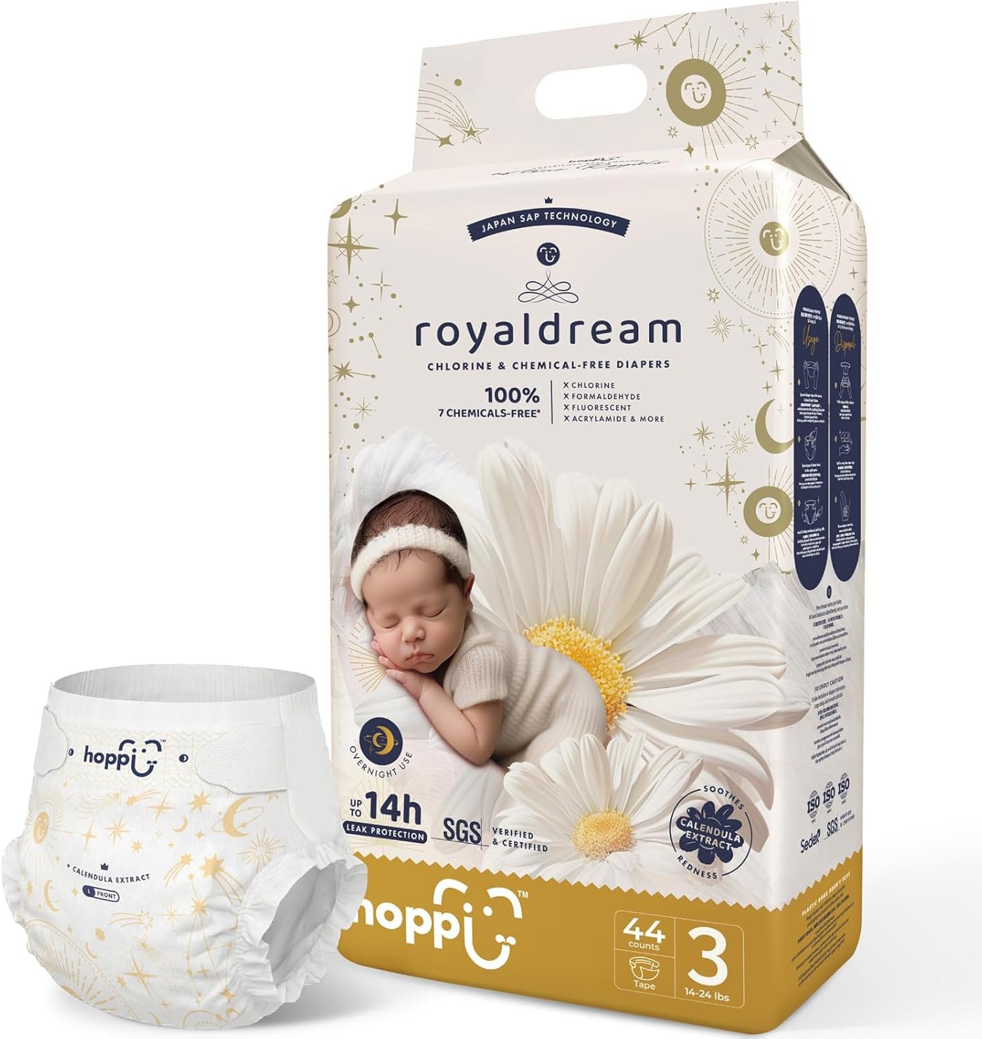 Hoppi Baby Diapers Size 3 (14-24 Lbs), Tape Style Disposable | Ultra Absorbent Overnight Leak Protection for Heavy Wetters | Hypoallergenic, Unscented, Chlorine-Free, Soft Fit, 44 Count