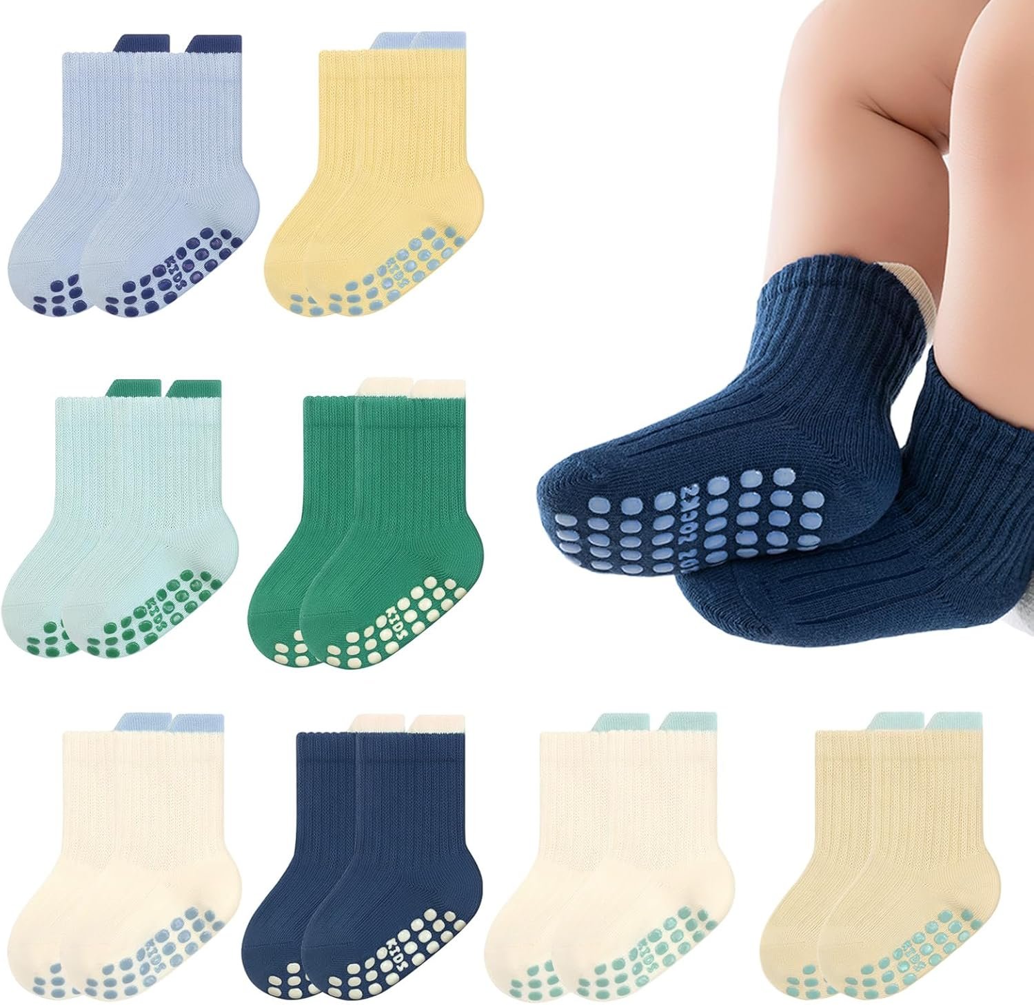 8 Pairs Baby Toddler Socks Non-Slip Grip Socks for Boys Girls Newborn Infant Baby Cotton Crew Sock with Grips 0-3T