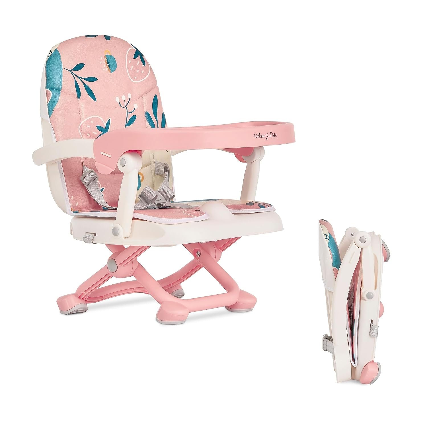 Dream On Me Munch N Go Booster Seat for Babies 6–36 Months, 3-in-1 Feeding, Floor & Table Seat, Adjustable 4 Heights, Lightweight Portable Design, 3-Point Safety Harness, Easy to Fold & Carry- Pink