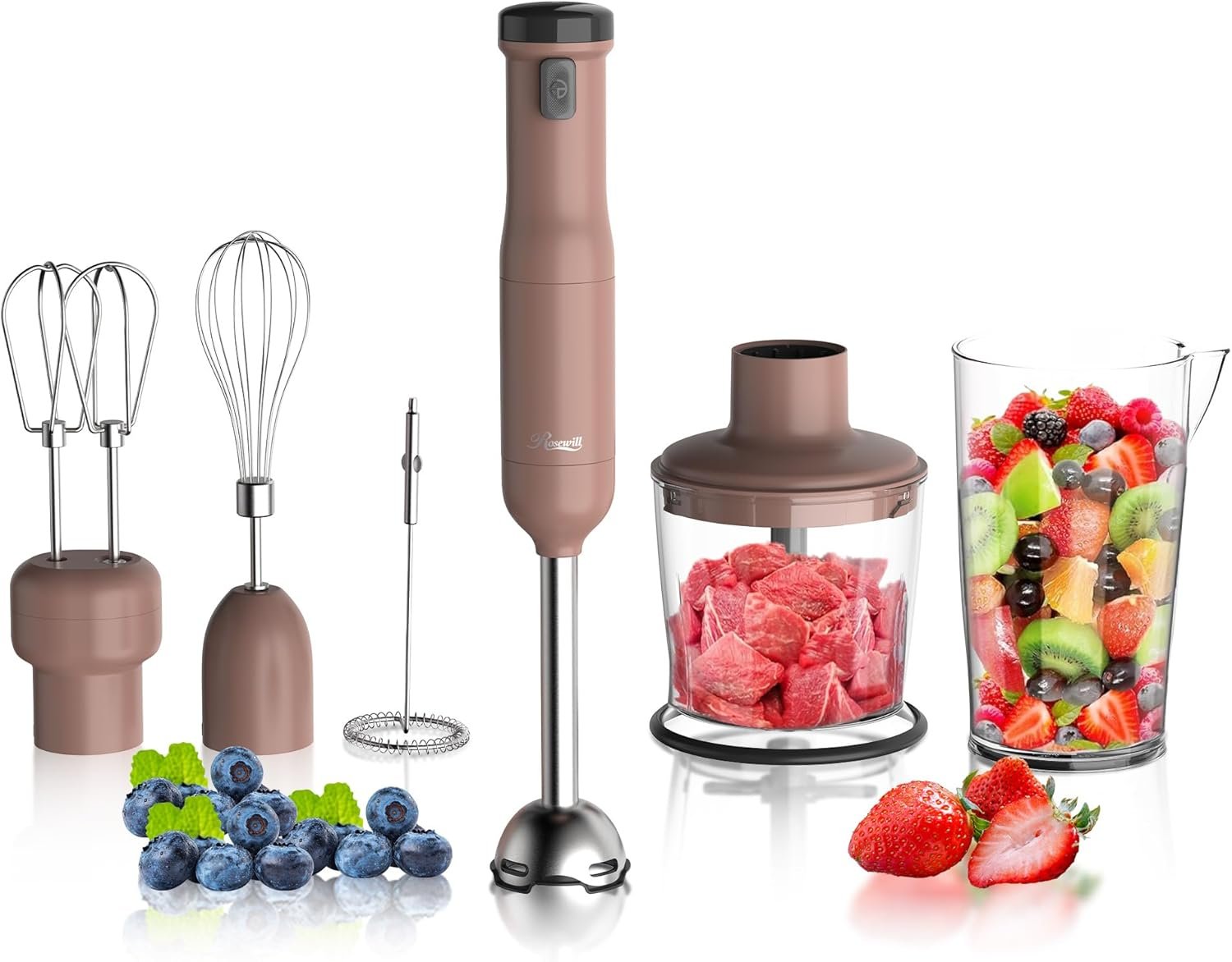 Rosewill 6-in-1 Multi-Speed Cordless Rechargeable Immersion Hand Blender, Heavy Duty Motor – Stick Blender, Beaker, Whisk, Chopper, Dual Beater, Milk Frother – For Smoothies, Baby Food, Soup – Mocha