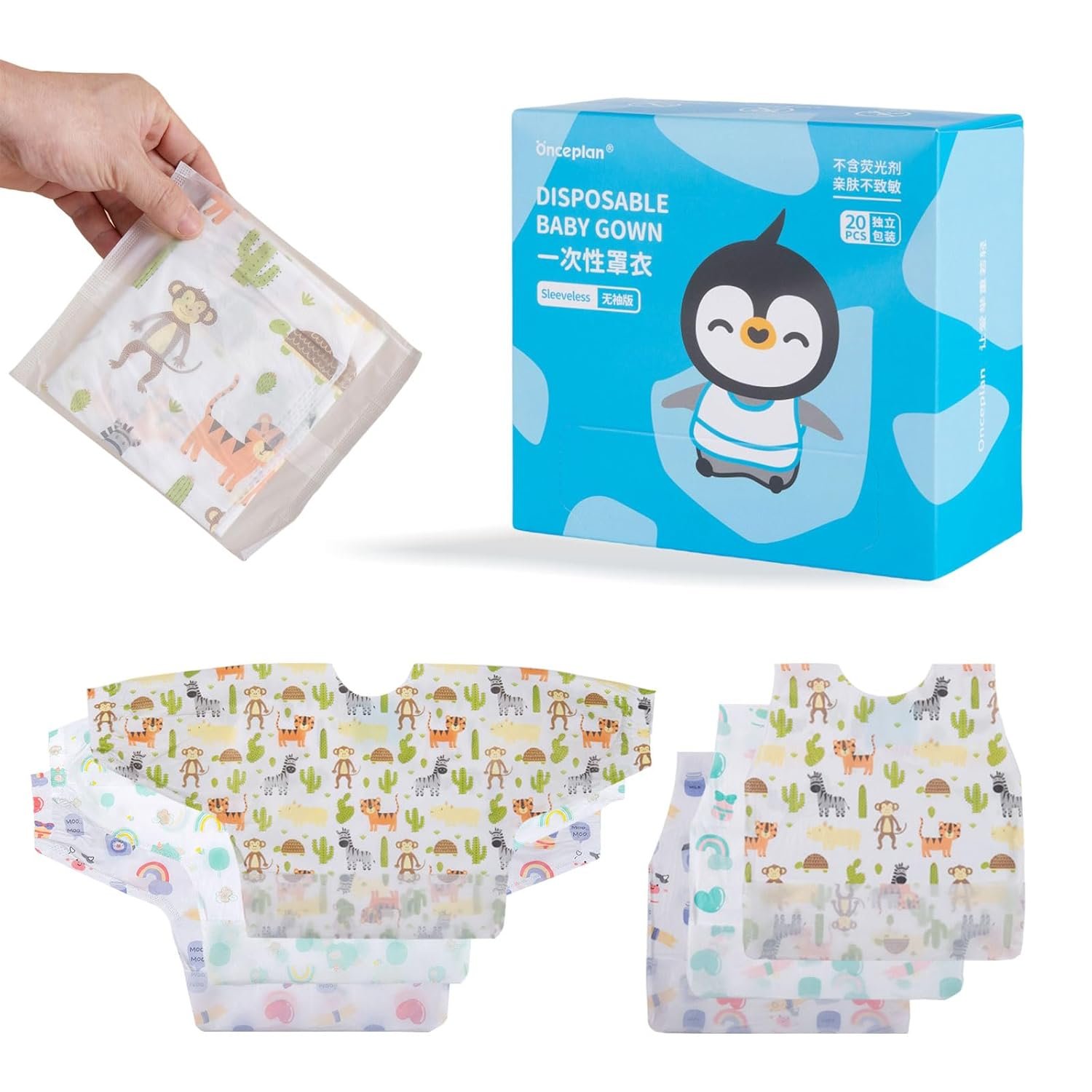 Disposable Baby Gown,10 Pcs Bib Shirt, Individual Pack, 31.5’’ x 15.35’’ Long Sleeve Bib, Baby Eating Smock (Blue Dairy Cow, Long Sleeve Style)