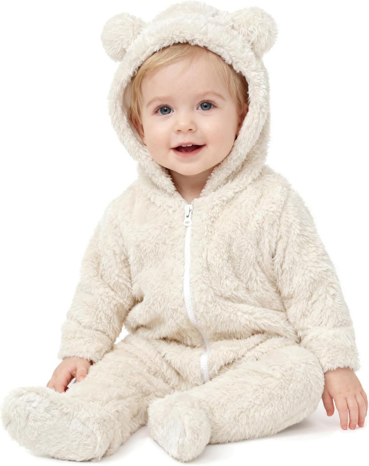 Baby Plush Long Sleeve Polar Fleece Jumpsuit With Bear Ears Baby Fleece Hooded Jumpsuit Infant Winter Outfit