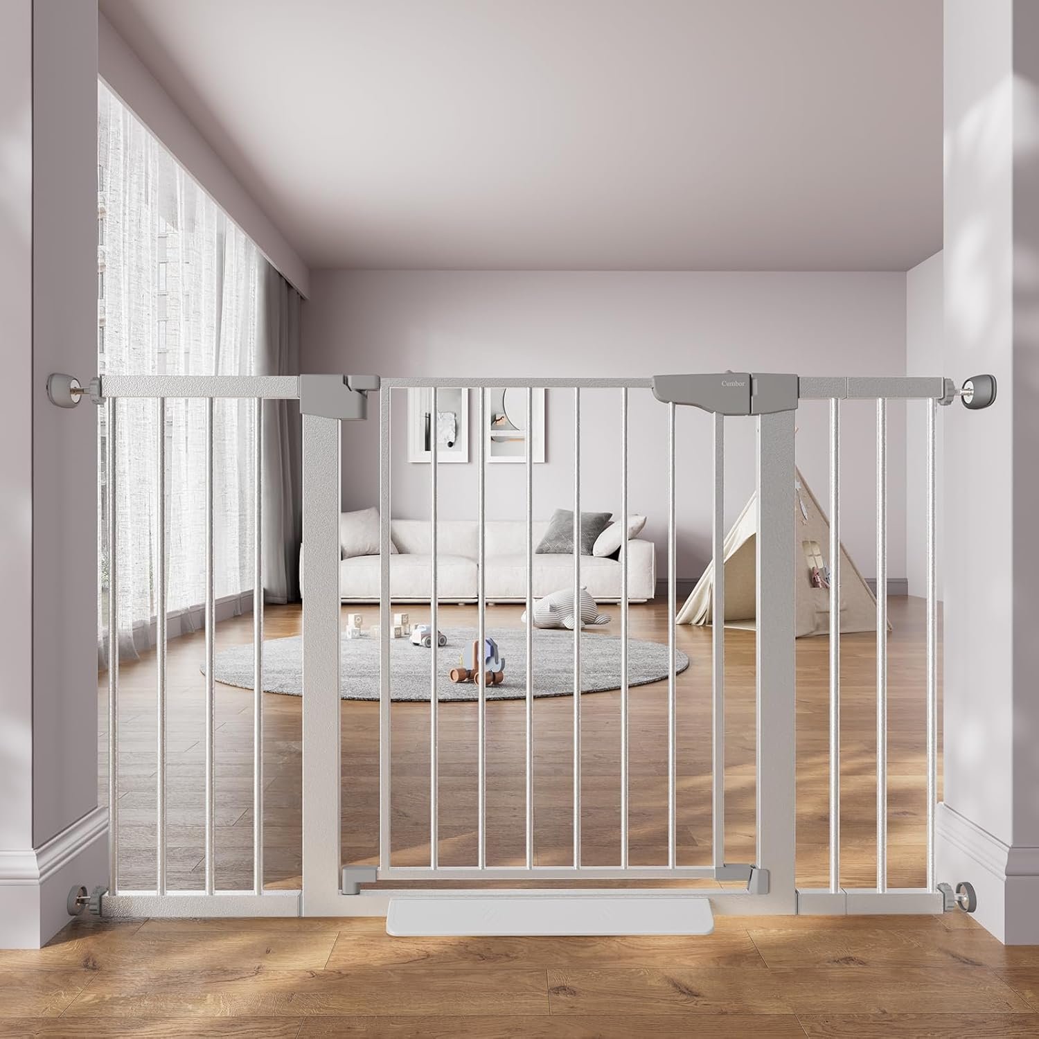 Cumbor 29.7–51.5″ Extra Wide Baby Gate for Stairs, Pressure-Mounted Dog Gates for Doorways & Hallways, Auto-Close Walk-Through, No-Trip Design, Child Proof Safety, Dog/Pet Gate for Indoor Use, Silver