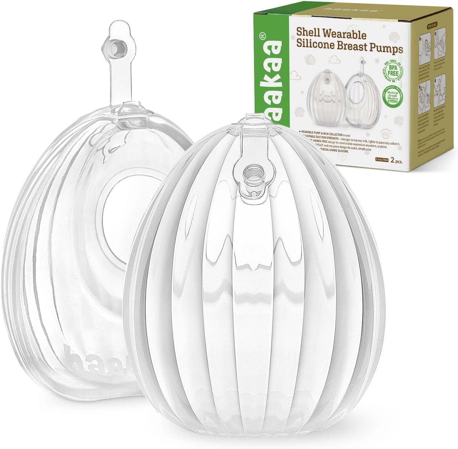 haakaa Shell Breast Pump, Wearable Manual Breast Pump – Hands Free, Passive Silicone Breastmilk Collection for Nursing Mom, Breastfeeding Leak Catcher, 75ml-2 pcs