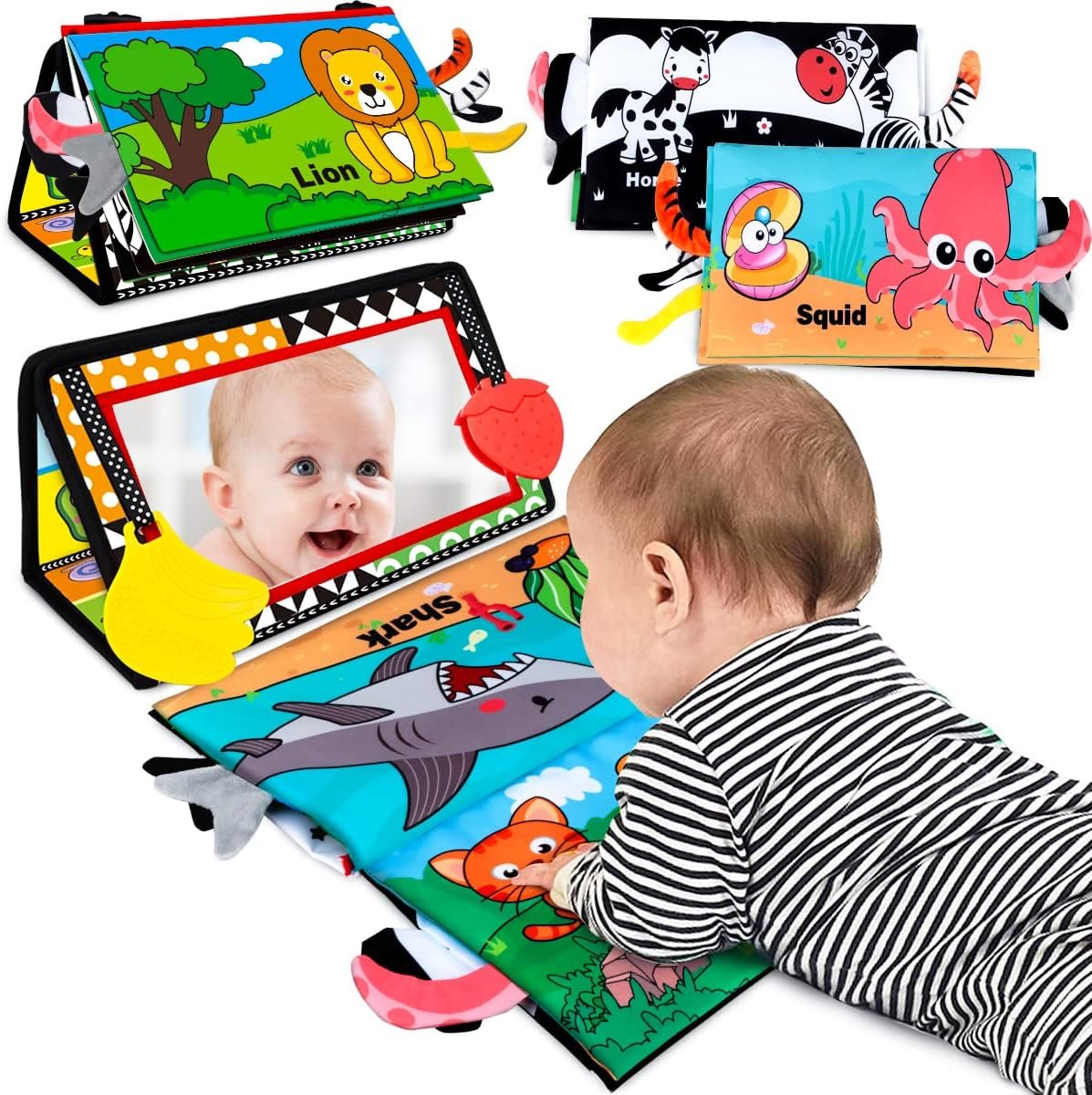 Baby Toys 0-6 Months – Tummy Time Toy Baby Mirror Infant Toys with Cloth Book – Black and White High Contrast Baby Toy for Newborn – Montessori Sensory Toy 0 2 3 4 5 6-12 Months Boy Girl Shower Gifts