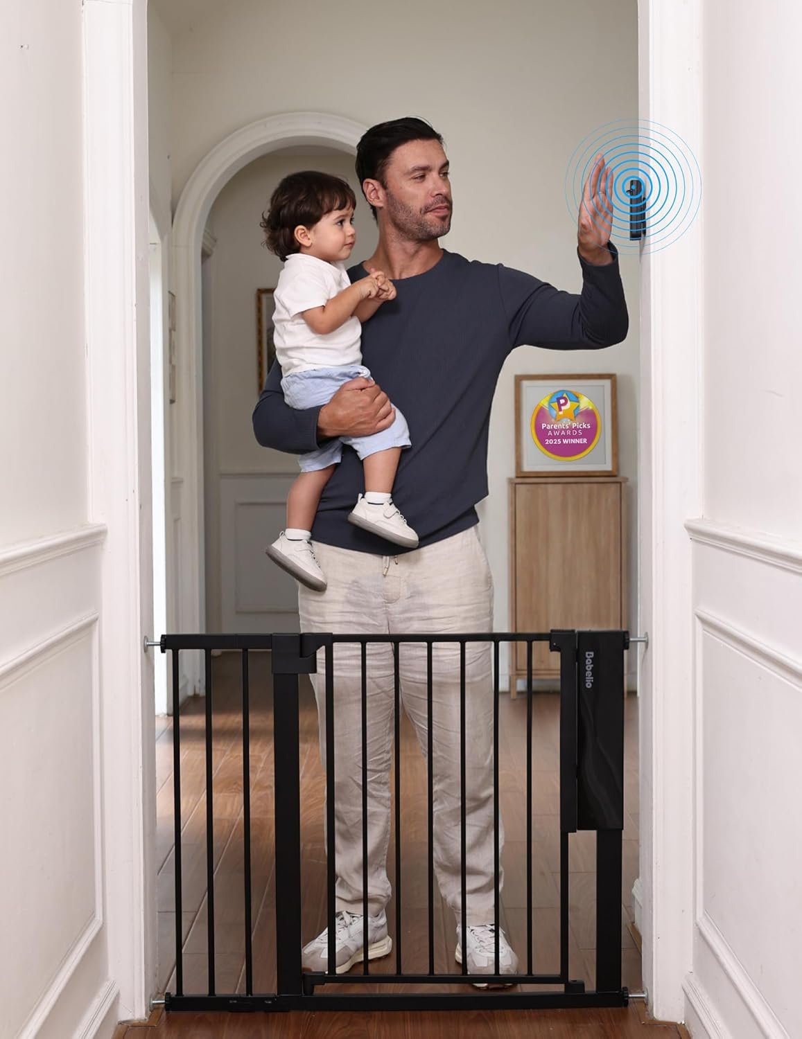 Babelio Smart Baby Gate with Auto-Unlock/Close, Pressure Mounted No Drill for Doorways/Top of Stairs. Pet/Dog Door Wide Walk Thru w/Infrared Sensor & Safety Alert (Black, 26.3-37.8″ W, 30″ H)