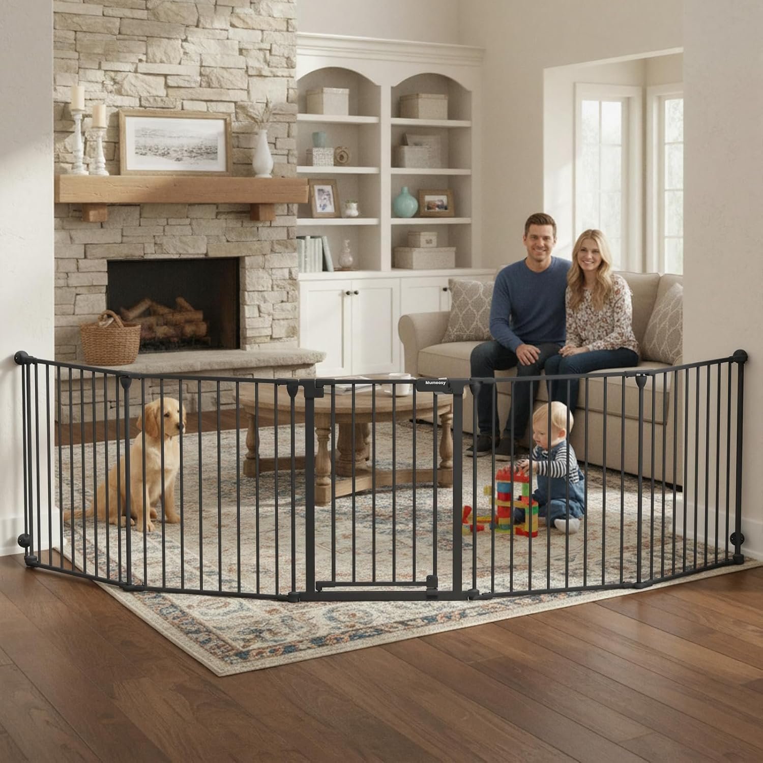 Mumeasy 126″ Extra Wide Baby Gate for Doorways, Stairs & Fireplace, Auto Close Safety Dog & Pet Gate with Walk Thru Door, Childproof Fence for Hallway Kitchen House Indoor Outdoor,5 Metal Panels,Black