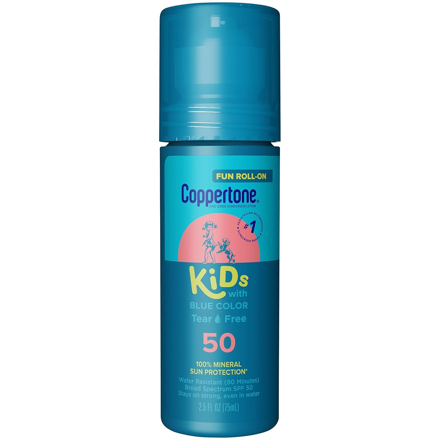 Coppertone Kids Roll On Sunscreen Lotion SPF 50, Tear Free Kids Sunscreen with Blue Color and Zinc Oxide Sun Protection, 2.5 Fl Oz Tube