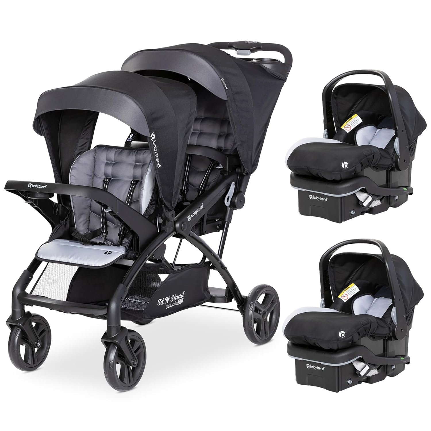 Baby Trend Double Stroller with 2 EZ-Lift Plus Infant Car Seats, Sit N’ Stand, Stormy – Portable and Lightweight Stroller Duo and Car Seat Travel System Tandem