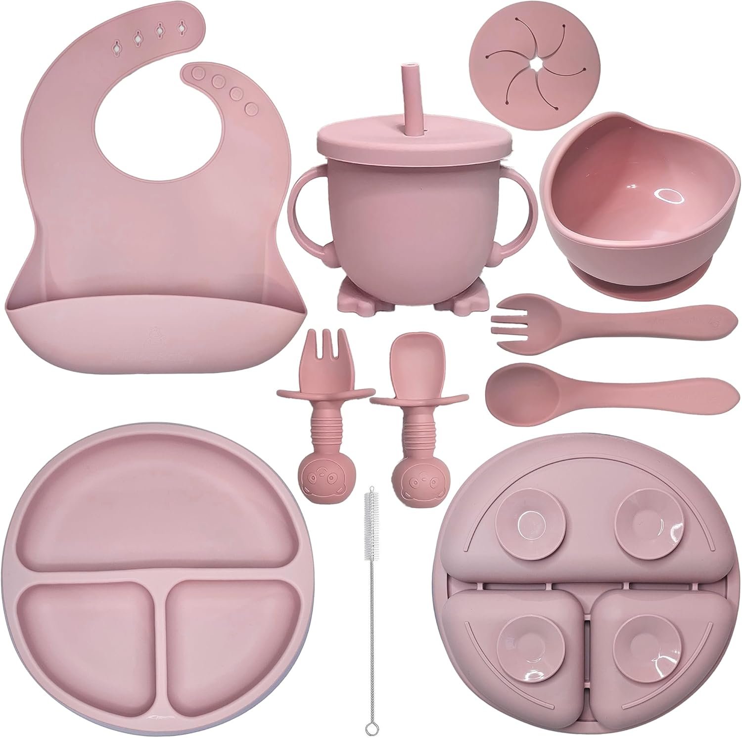 HippoBaby Baby Led Weaning Supplies |10 Piece Silicone Baby Feeding Set, Baby Toddler Bib Cup Divided Plate and Bowl Self Feeding Spoons Dish Set | Baby Utensils,Toddler Feeding Supplies (Rose Quartz)