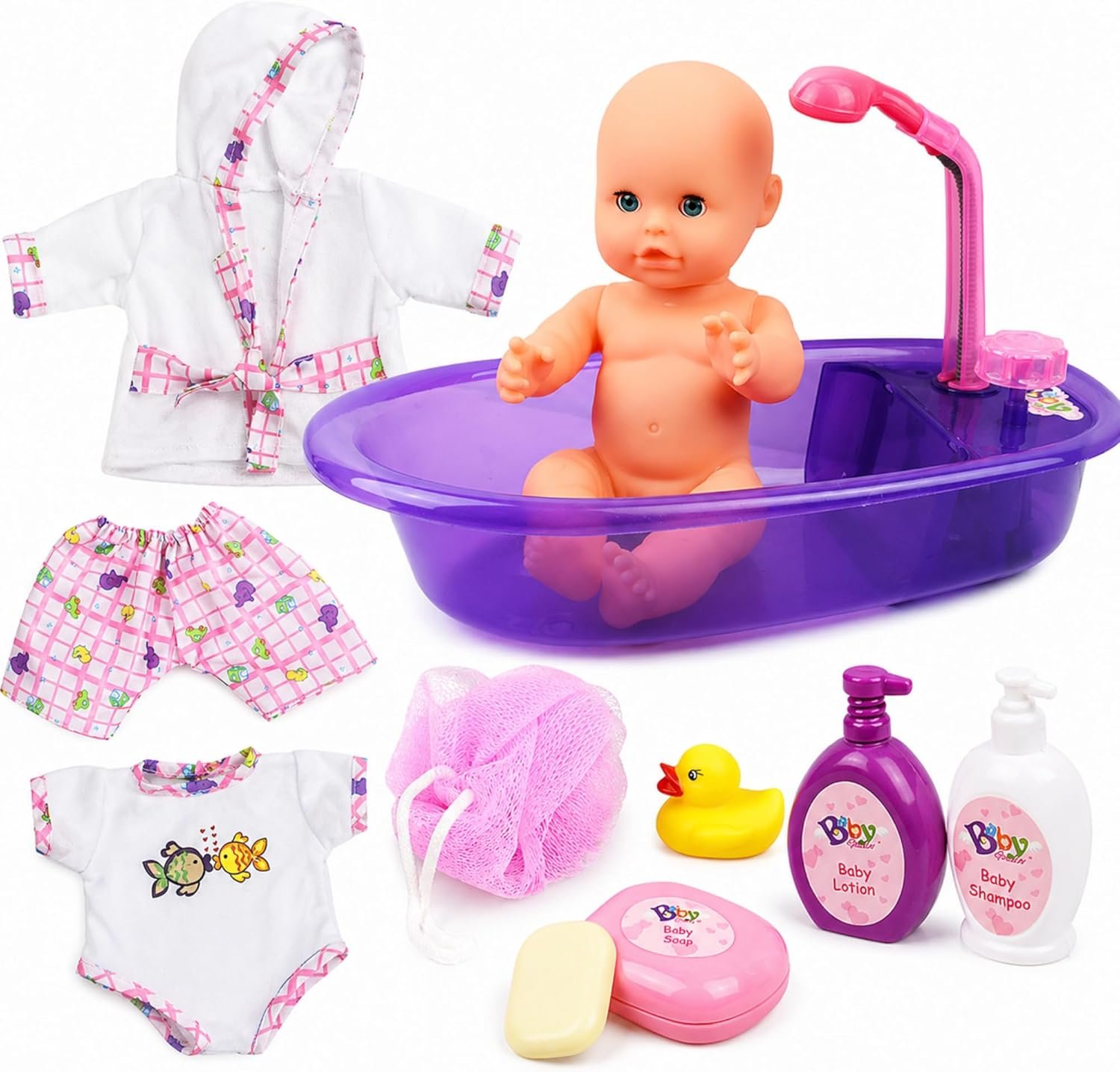 Liberty Imports Baby Bath Toys 13-Inch Little Newborn Doll Bath Set – Real Working Bathtub with Detachable Shower Spray and Accessories for Kids Pretend Play