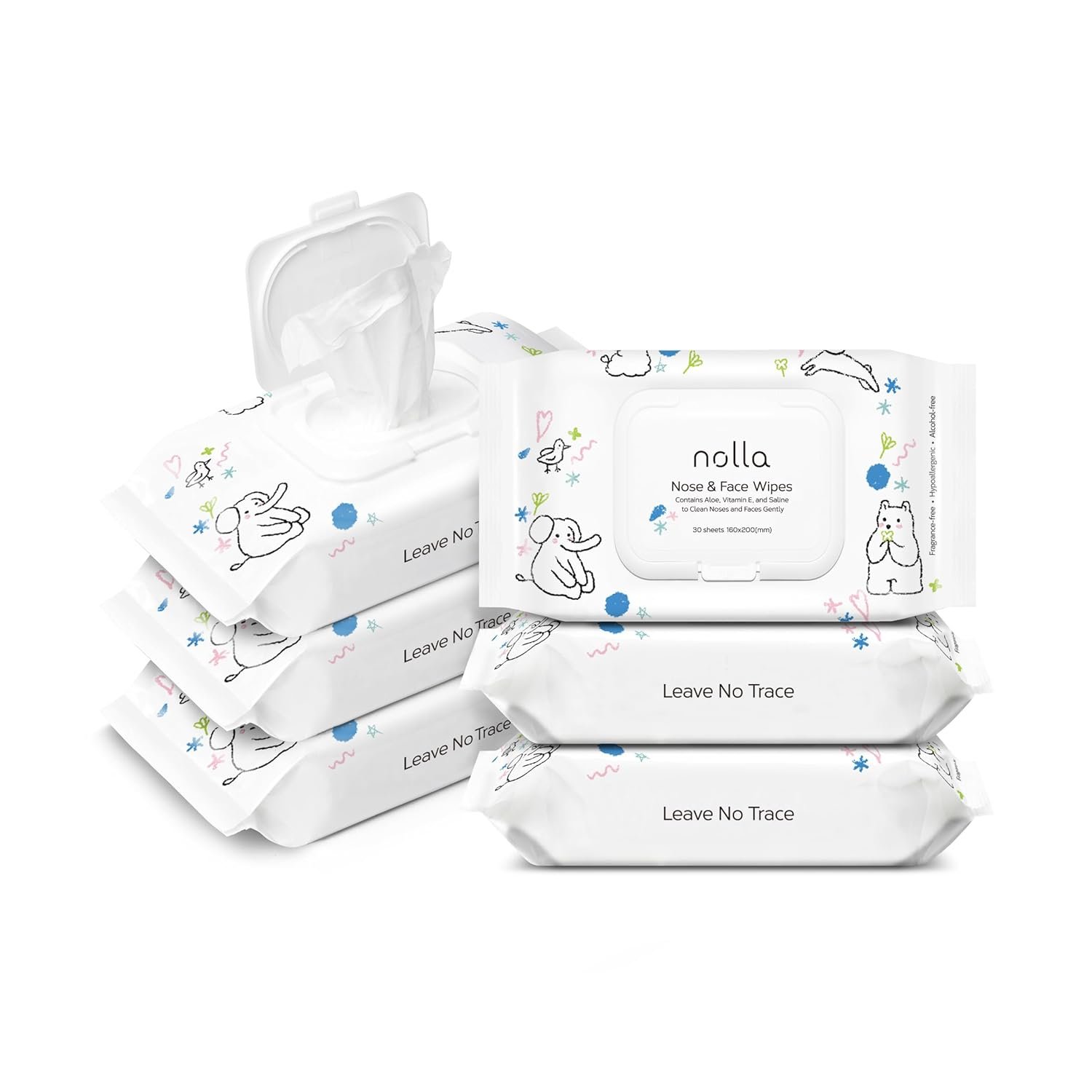 Nolla Nose and Face Wipes for Babies & Kids with Saline, Vitamin E, & Aloe | Unscented | Compostable, 180 Count (6 Packs of 30)