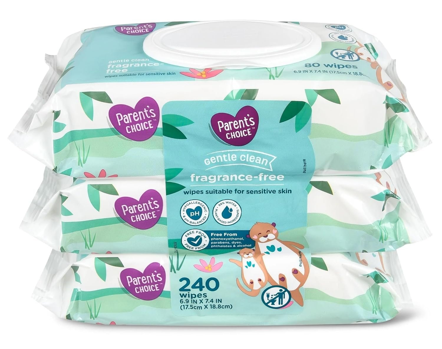 Parent’s Choice Gentle Clean Fragrance-free Unscented No Scent Baby Wet Wipes Suitable for Sensitive Skin Infused with Vitamin E and Aloe, 240 Count (Value Pack Includes 3 80-Count Packages) – 1 Pack