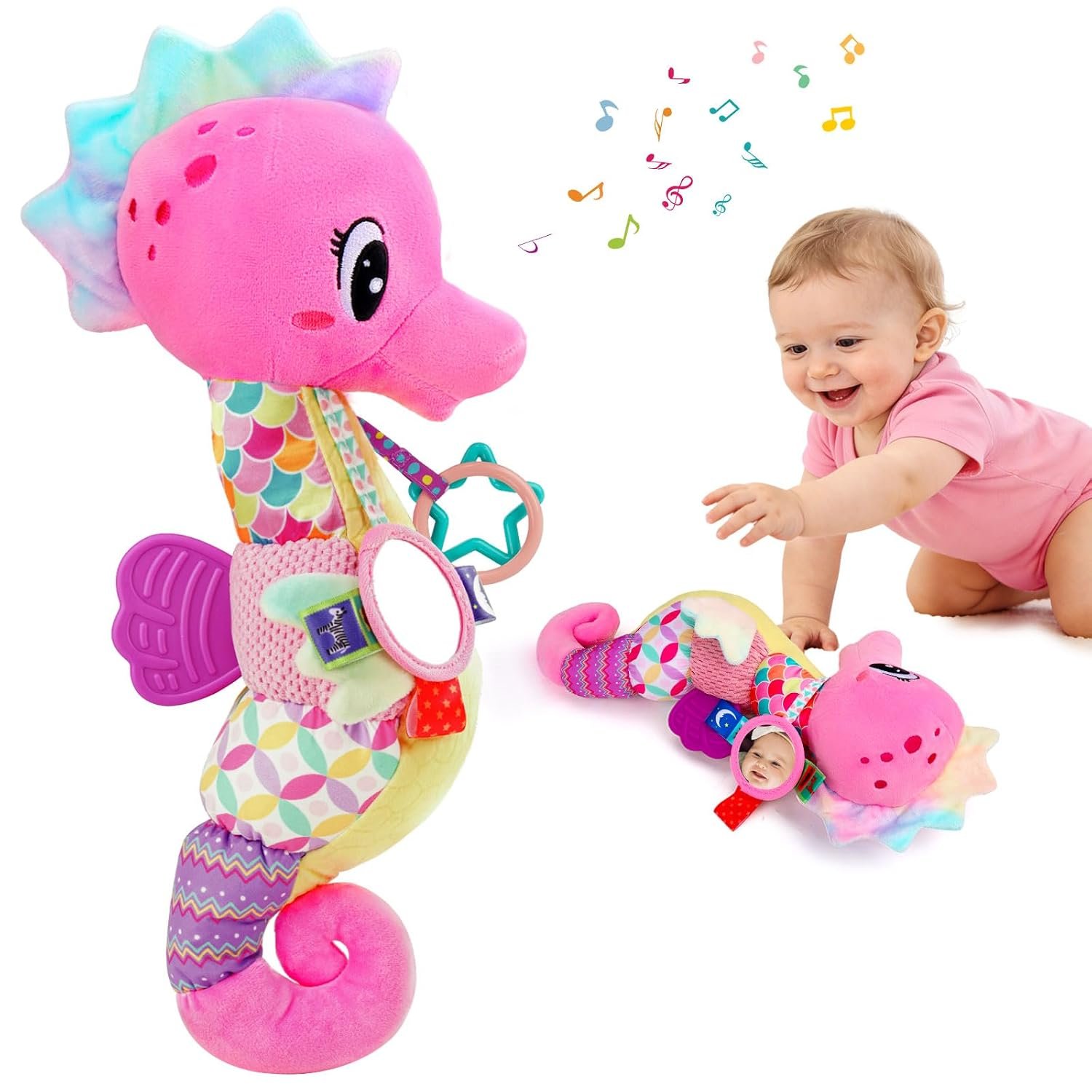 Baby Girl Toys 0-6 Months Musical Seahorse Stuffed Animal Tummy Time Toys Infant 3-6 6-12 Months with Baby Mirror Sensory Newborn Crinkle Developmental Toy Birthday Shower Gifts 0-3 4 5 6 Month