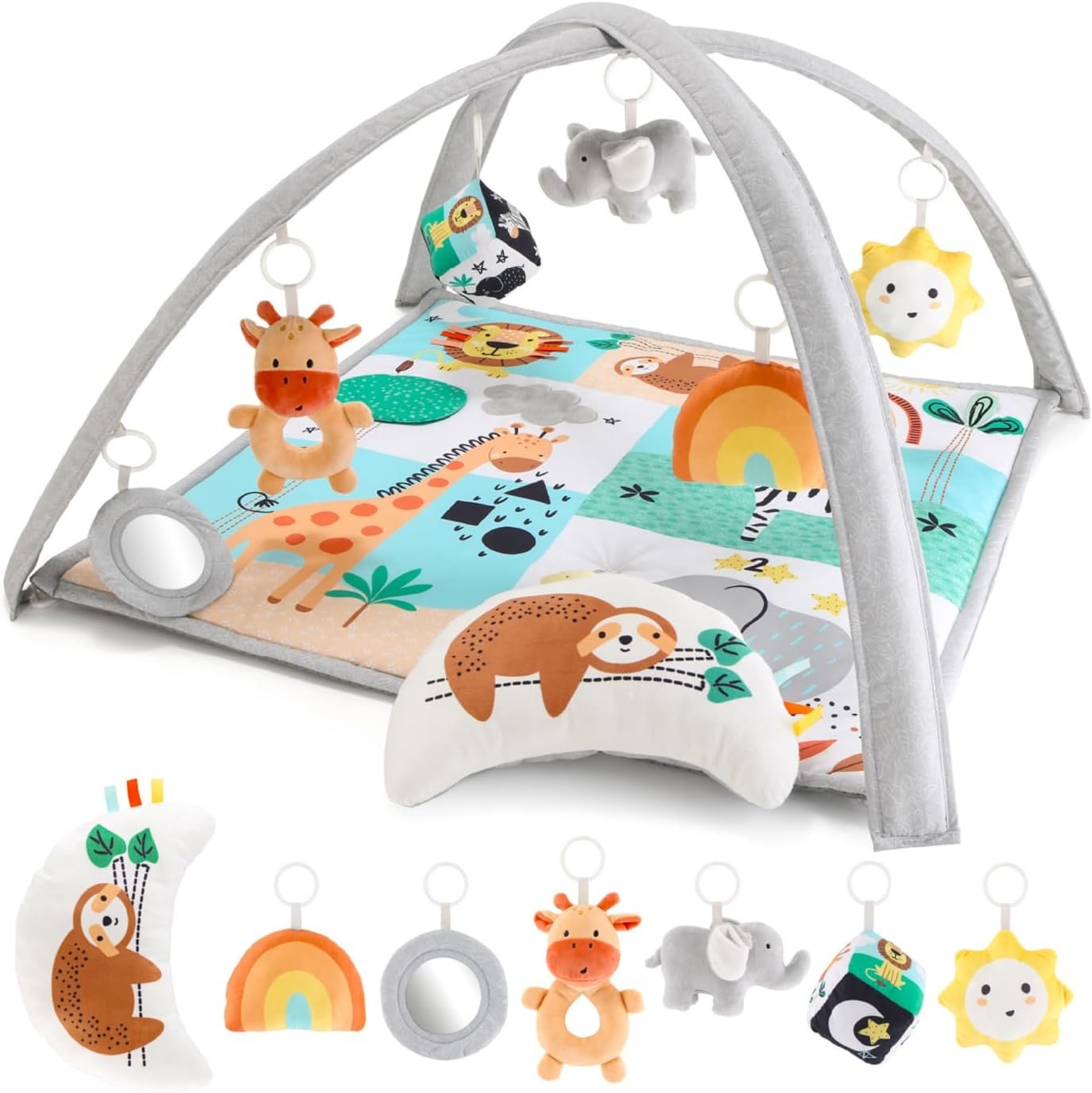 The Peanutshell Unisex Baby Play Gym & 7-in-1 Play Mat – Playmat Baby Toys 0-6, 6-12 Months Tummy Time Mat with Hanging Toys, Soft Padded for Newborns, Infants – Safari