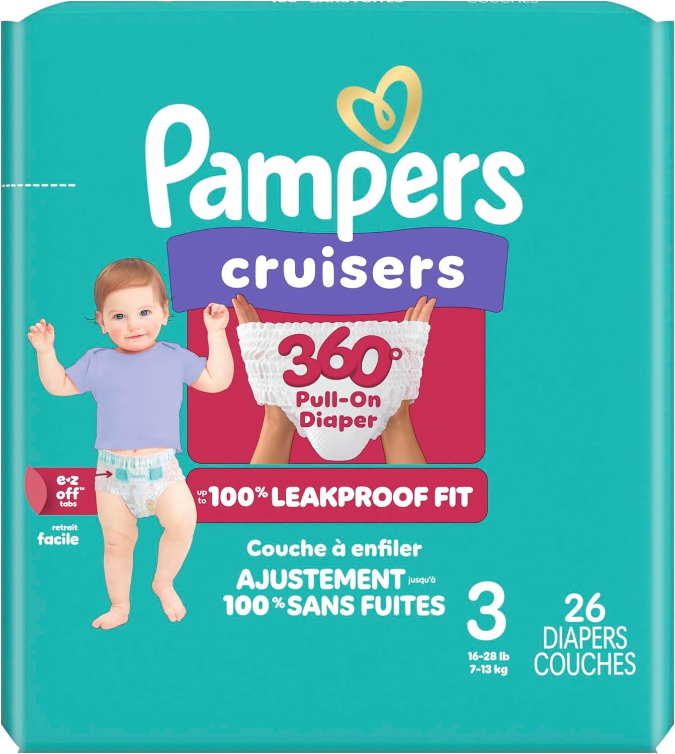 Pampers Cruisers 360 Diapers – Size 3, 26 Count, Pull-On Disposable Baby Diapers, Gap-Free Fit