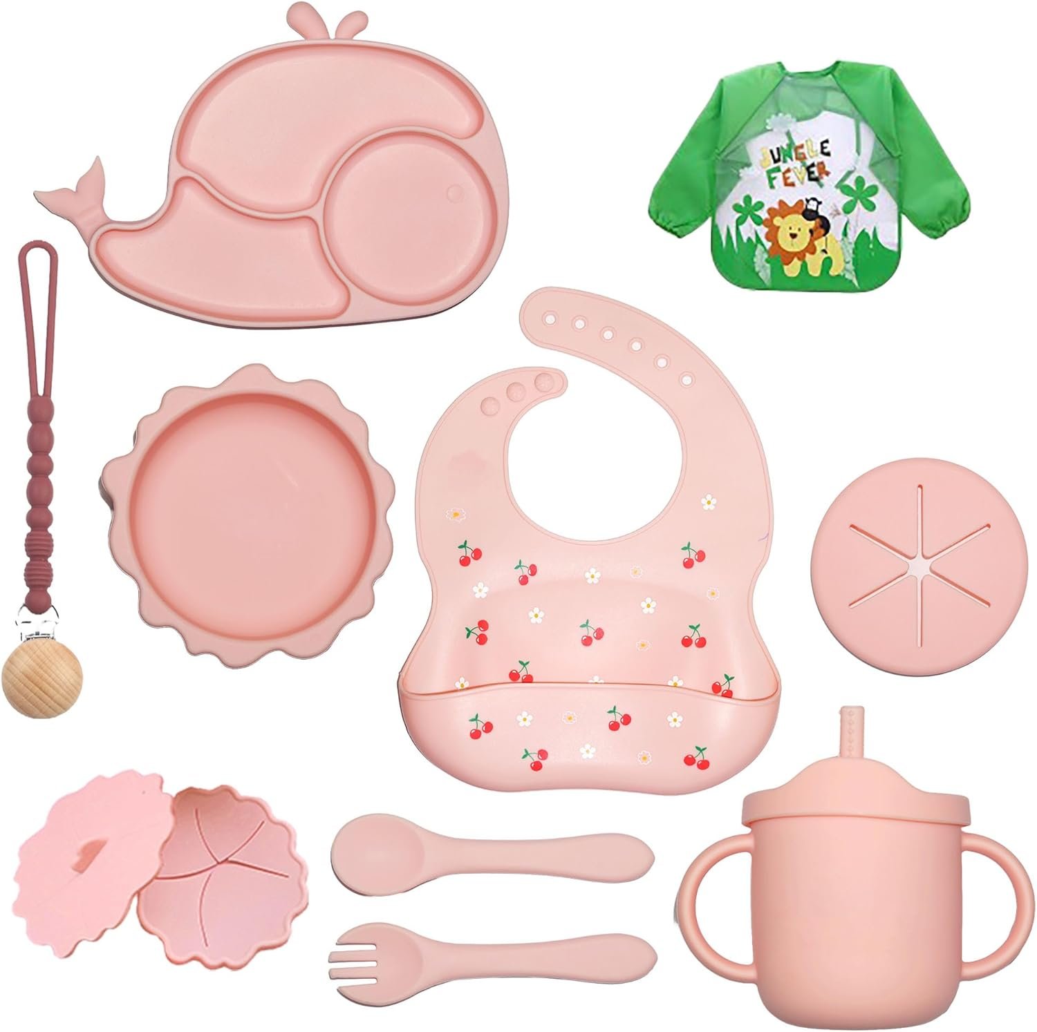 Silicone Baby Feeding Set 14 Pcs | Baby Led Weaning Supplies | Baby Spoons Suction Bowl Divided Plate Bib Cup | First Stage Solid Food Eating Utensils – 6+ Months (Pink)