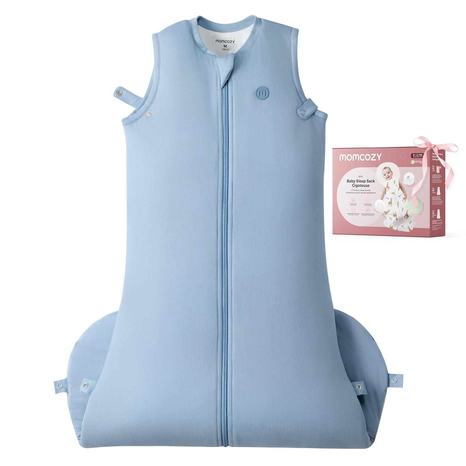 Momcozy Sleep Sack for Baby 0-6 Months, 1.5 TOG Baby Wearable Blanket with Supportive Plush Filling, Two-Way Zipper for Easy Diaper Changes, Snap-Fit Design for Growing Babies, Small, Blue