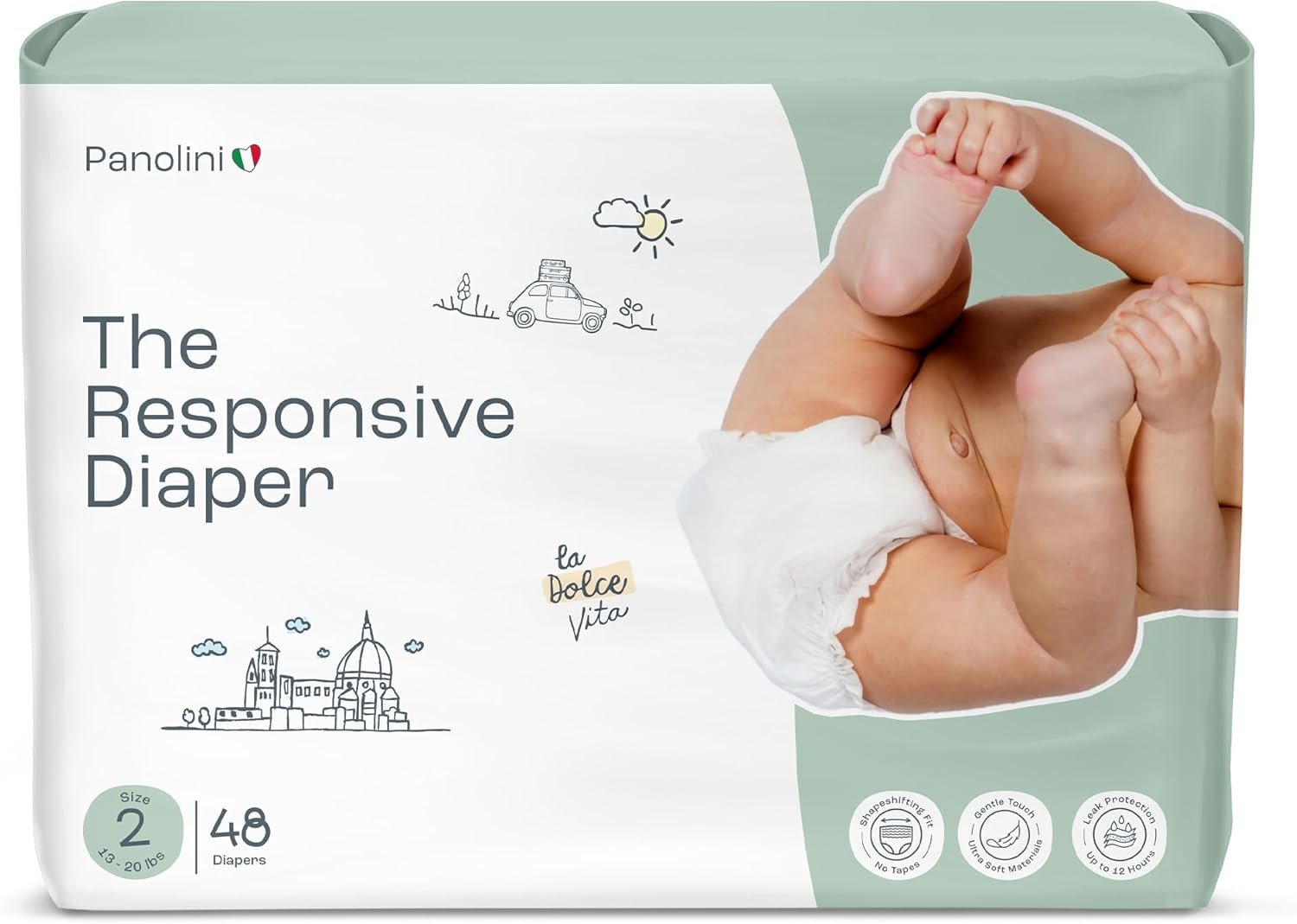 Panolini The Responsive Diaper Size 2 (13-20 Ibs), 48 Ct Italian Premium Design, No-Tape Flexible Fit Pull-Up Disposable Diapers for Babies, Soft, Unscented & Hypoallergenic, 12 Hrs Leak Protection