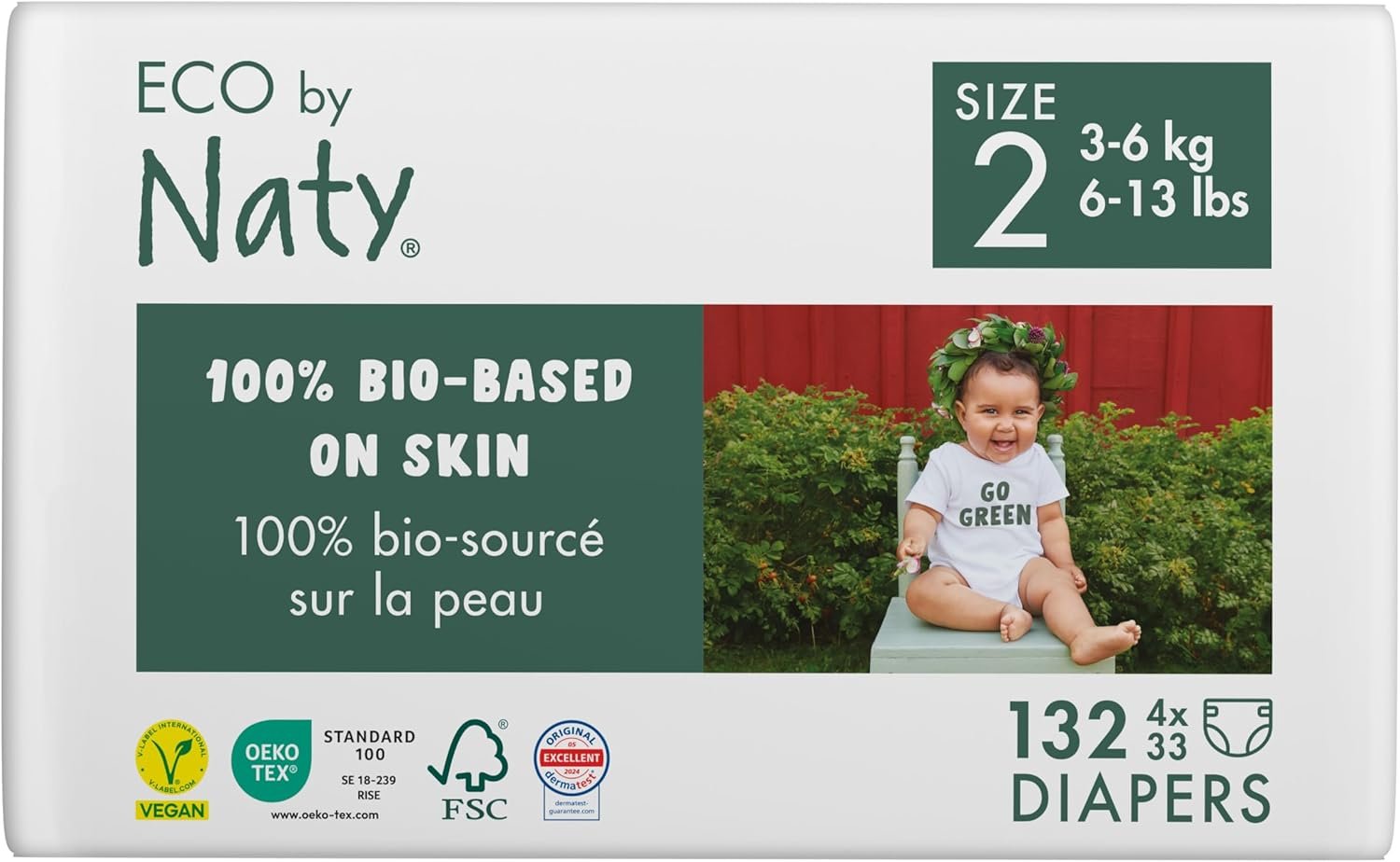 Eco by Naty Eco-Friendly Baby Diapers Newborn – 100% Plant-Based Materials on Skin, Extra Soft, for Sensitive Skin & Super Absorbent (Size 2, 132 Count)