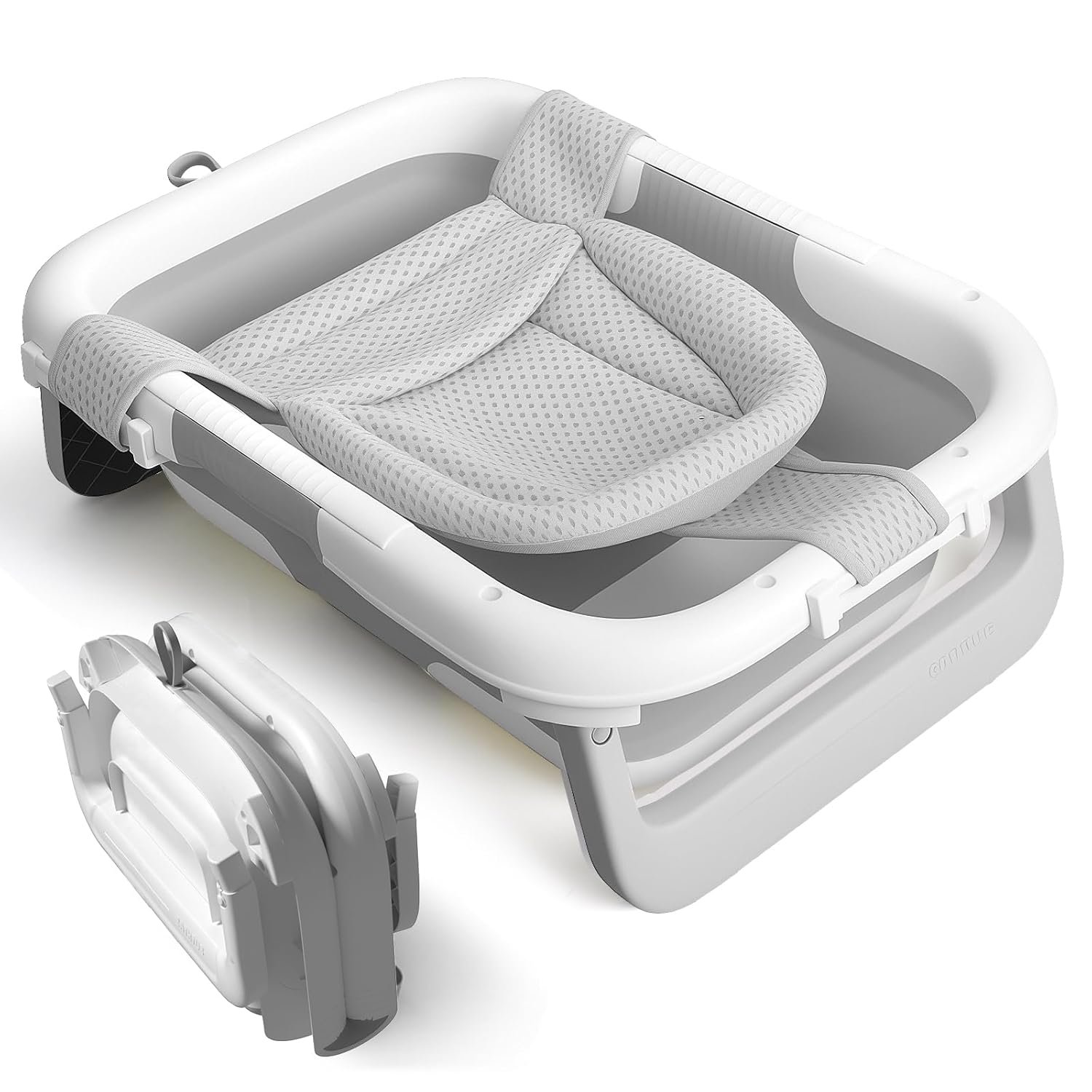 Collapsible Baby Bathtub with Newborn Sling, Baby Bath Tub with Quick Drainage Design, Infant Bathtub for Newborns to Toddlers (0-24 Months) (Grey)