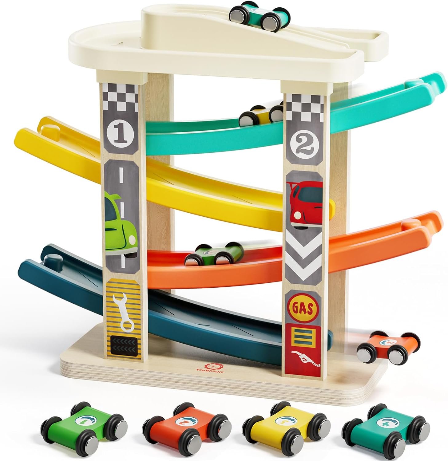 TOP BRIGHT Toddler Toys for 2 Year Old Boy, Wooden Car Ramp Race Track Set, Car Toys for Toddlers 1-3 with Cars and a Garage, Montessori Toys for 12 Year Old Boy Girl,Birthday Gift for Age 18+ Month