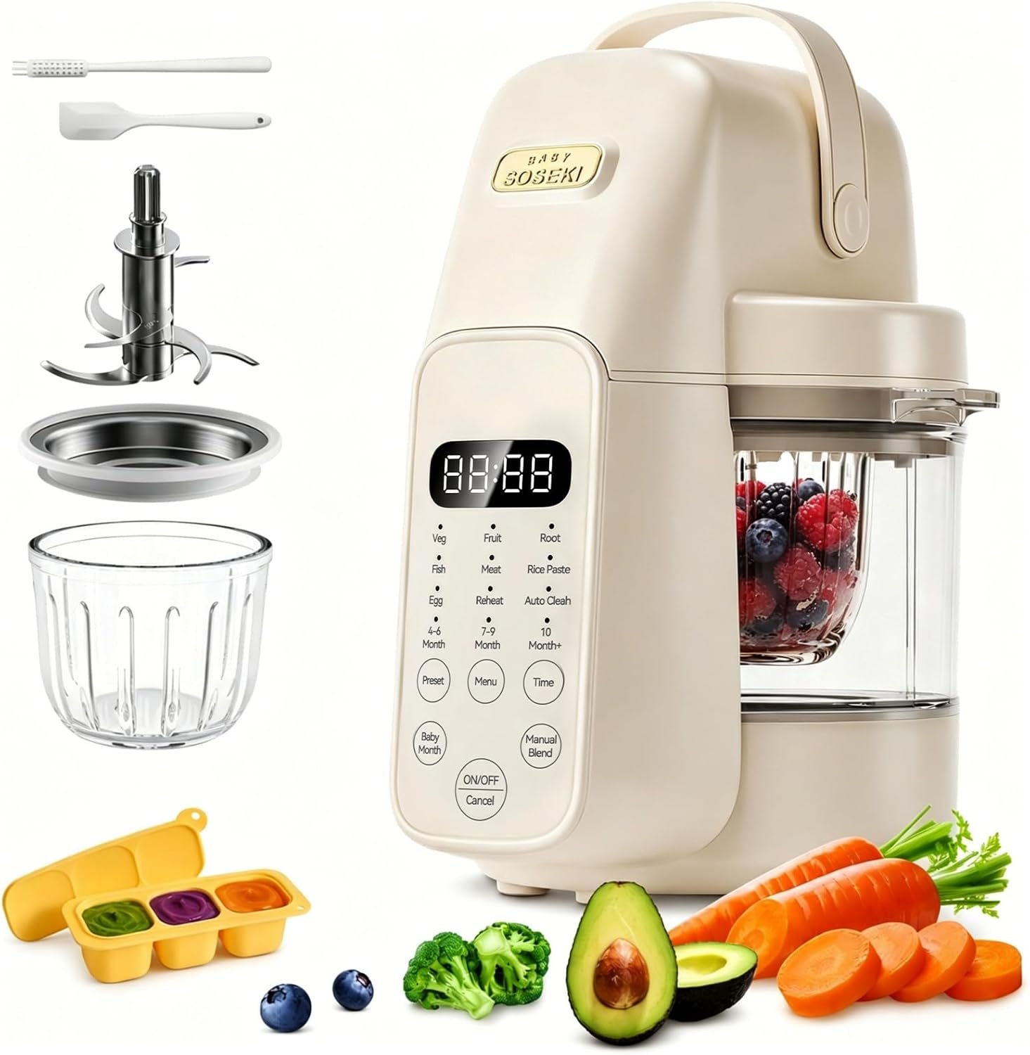 SosekiBaby FM01 Baby Food Maker with Glass Bowl One Step Baby Blender Food Processor and Steamer Puree Grinder 316L Stainless Steel Blades Auto Cooking & Easy Cleaning BPA-Free