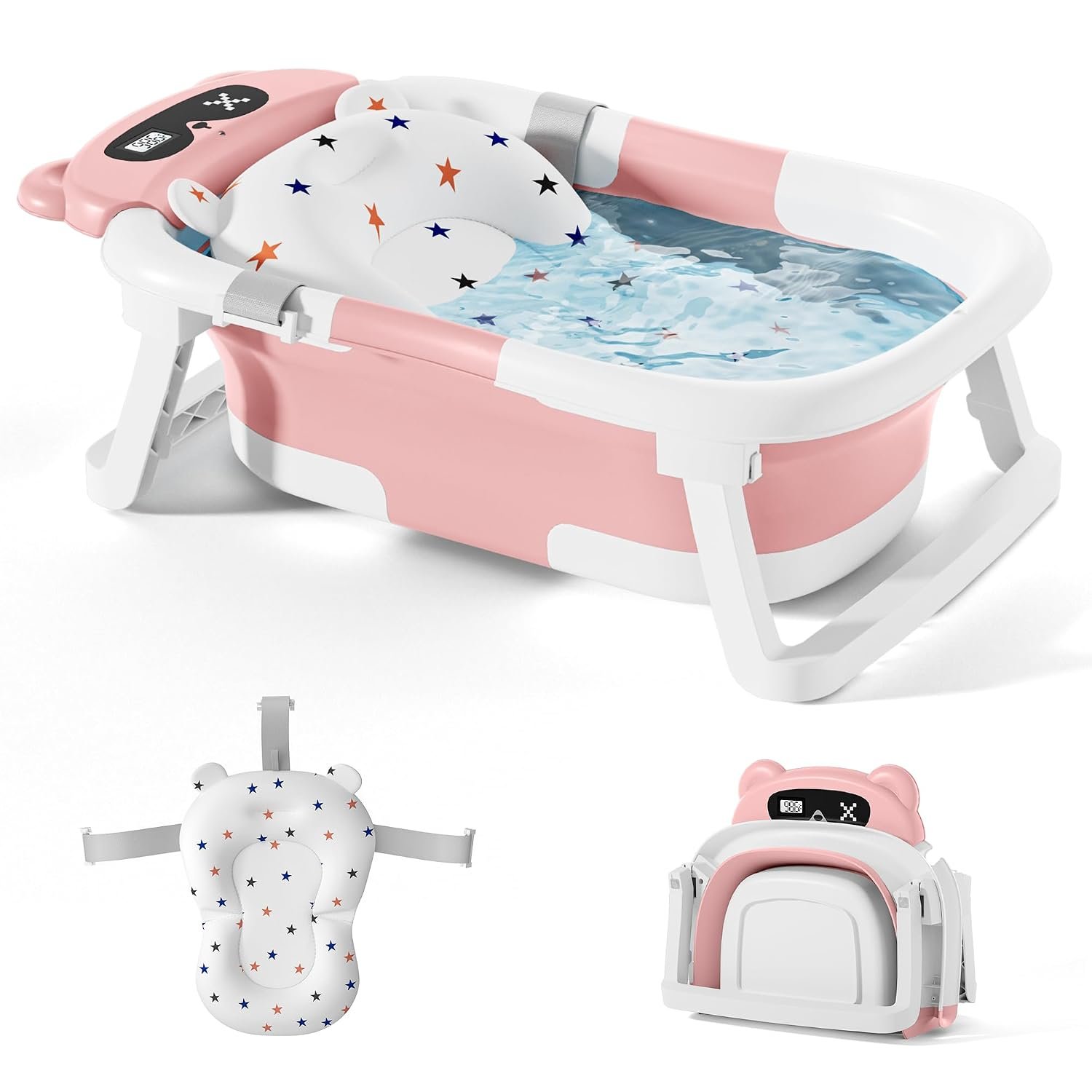 Baby Bathtub,Foldable Baby Bath Tub for Newborn to Toddler (0-18 Months) – Collapsible Infant Tub for Travel with Thermometer, Soft Cushion,Pink