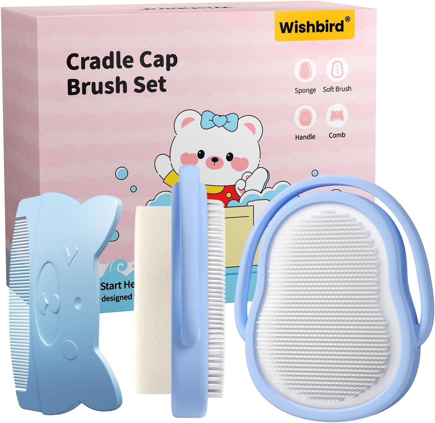 3-in-1 Baby Cradle Cap Brush Kit, Soft Brush, Curved Comb & Bath Sponge | BPA-Free Cradle Cap Treatment Set for Newborns & Infants Scalp Massage Dry Skin Flakes Removal, Light Blue